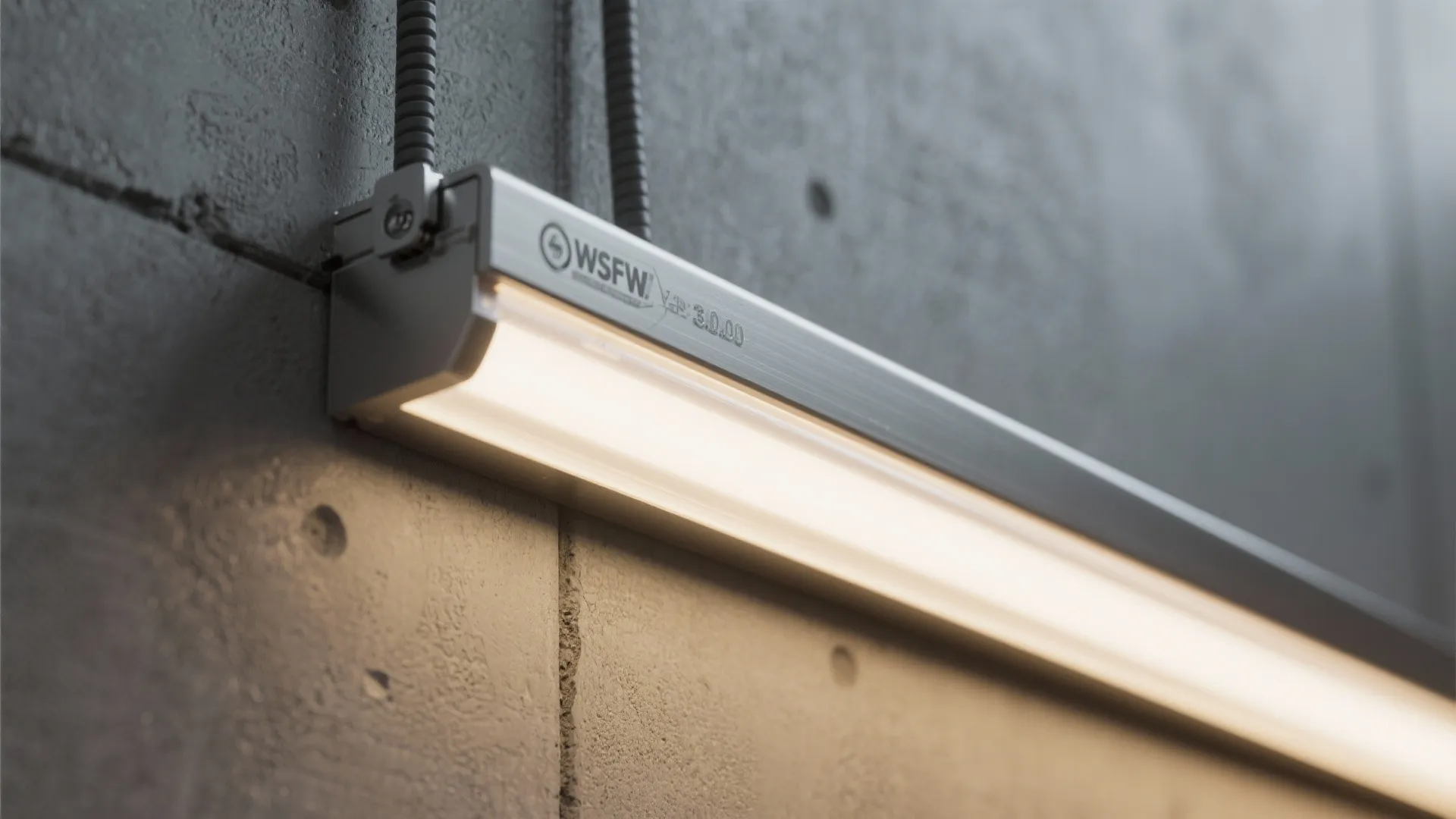 Close up of a linear wall light fixture mounted on a grey concrete textured wall