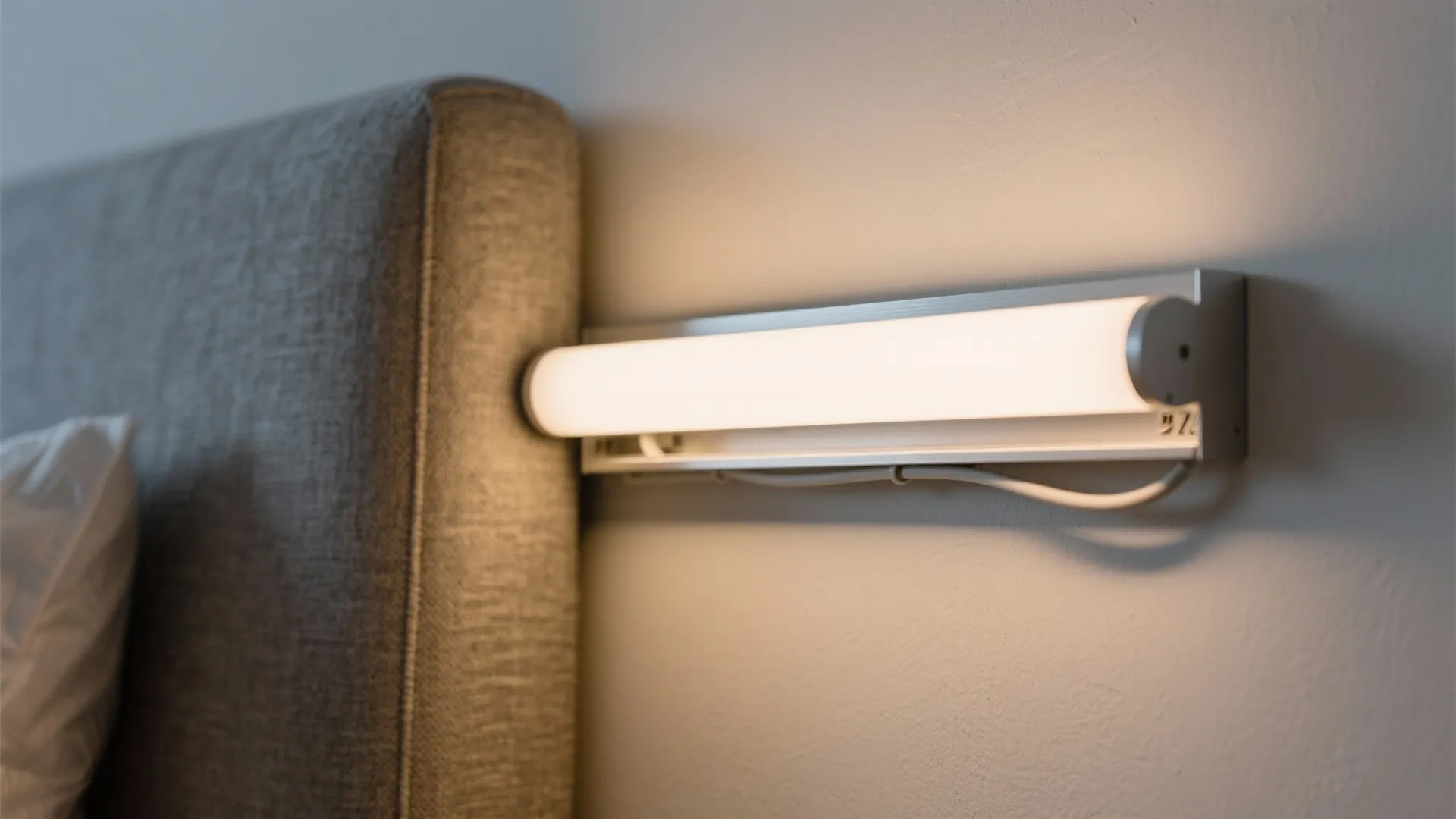 Close-up of an opal-diffused LED channel behind a headboard with tidy cable routing.