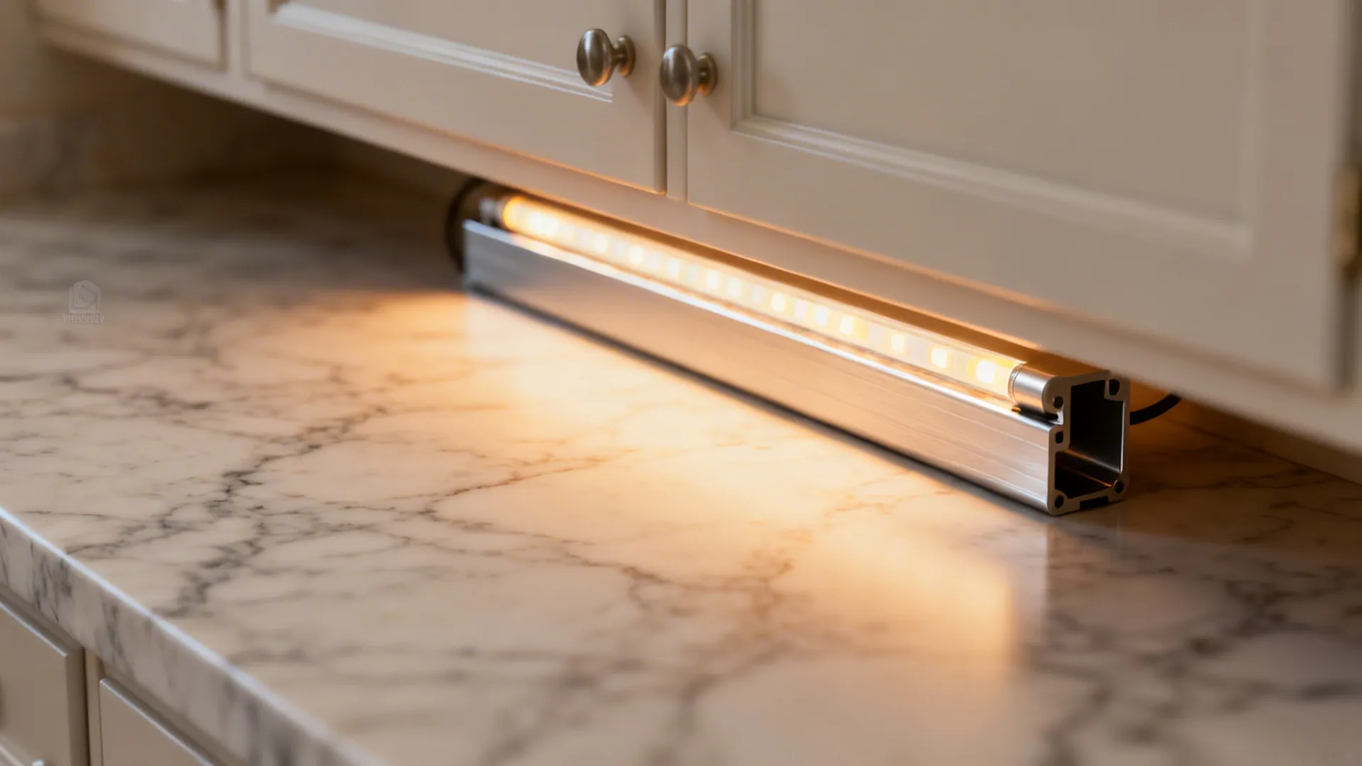 Close-up of an LED strip in an aluminum channel casting warm light on a counter.