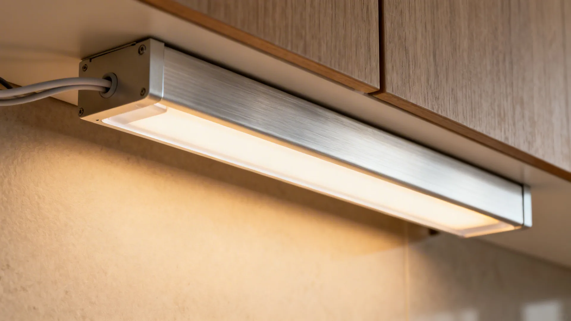 Macro of an under-cabinet LED channel with diffuser casting an even warm glow.