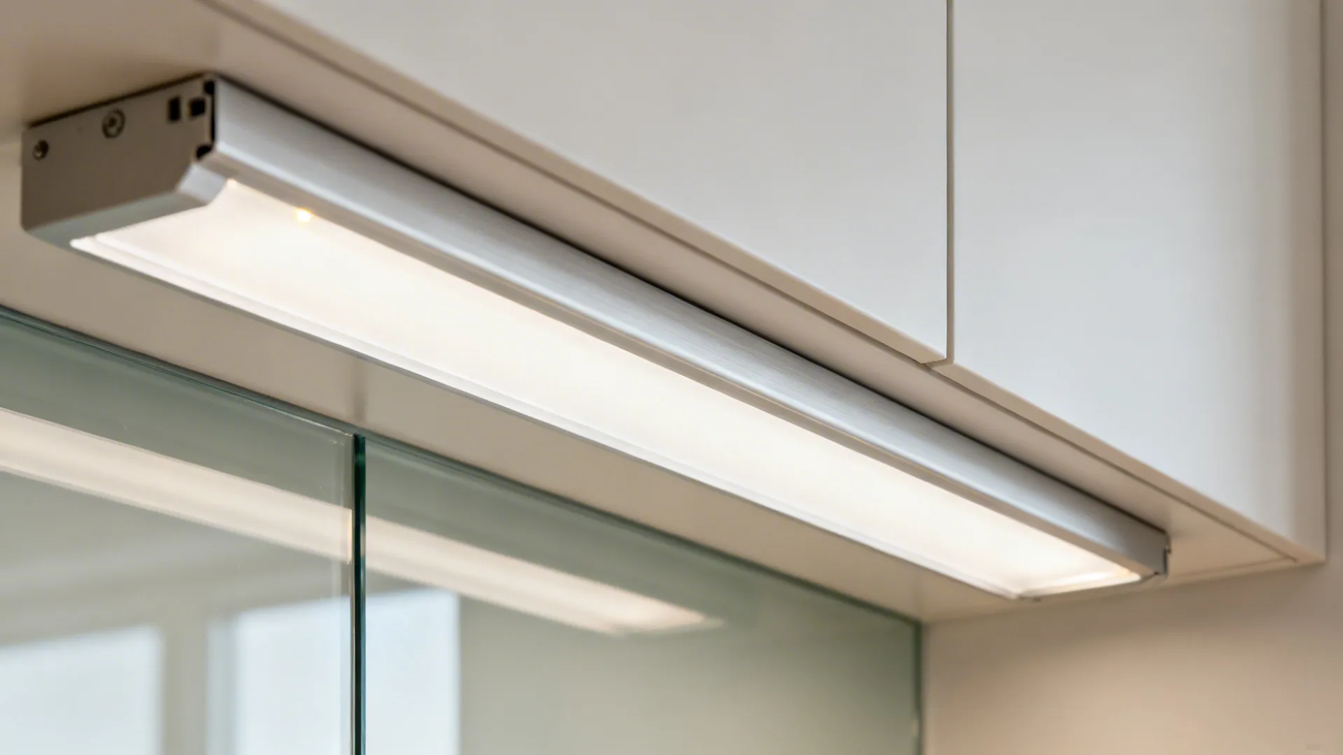 Macro of an LED channel with diffuser casting even light on a glossy glass backsplash.