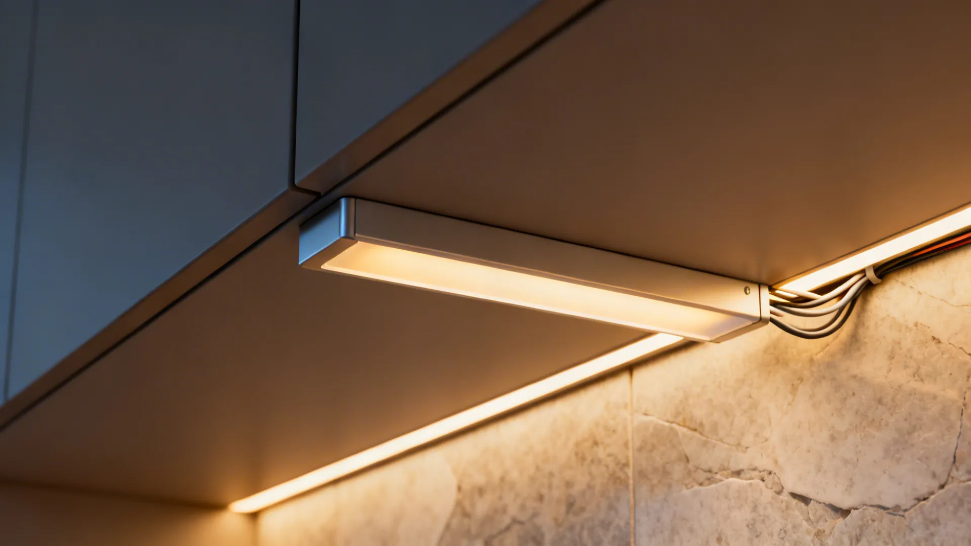 Macro of recessed under-cabinet LED channel with diffuser emitting a warm glow.