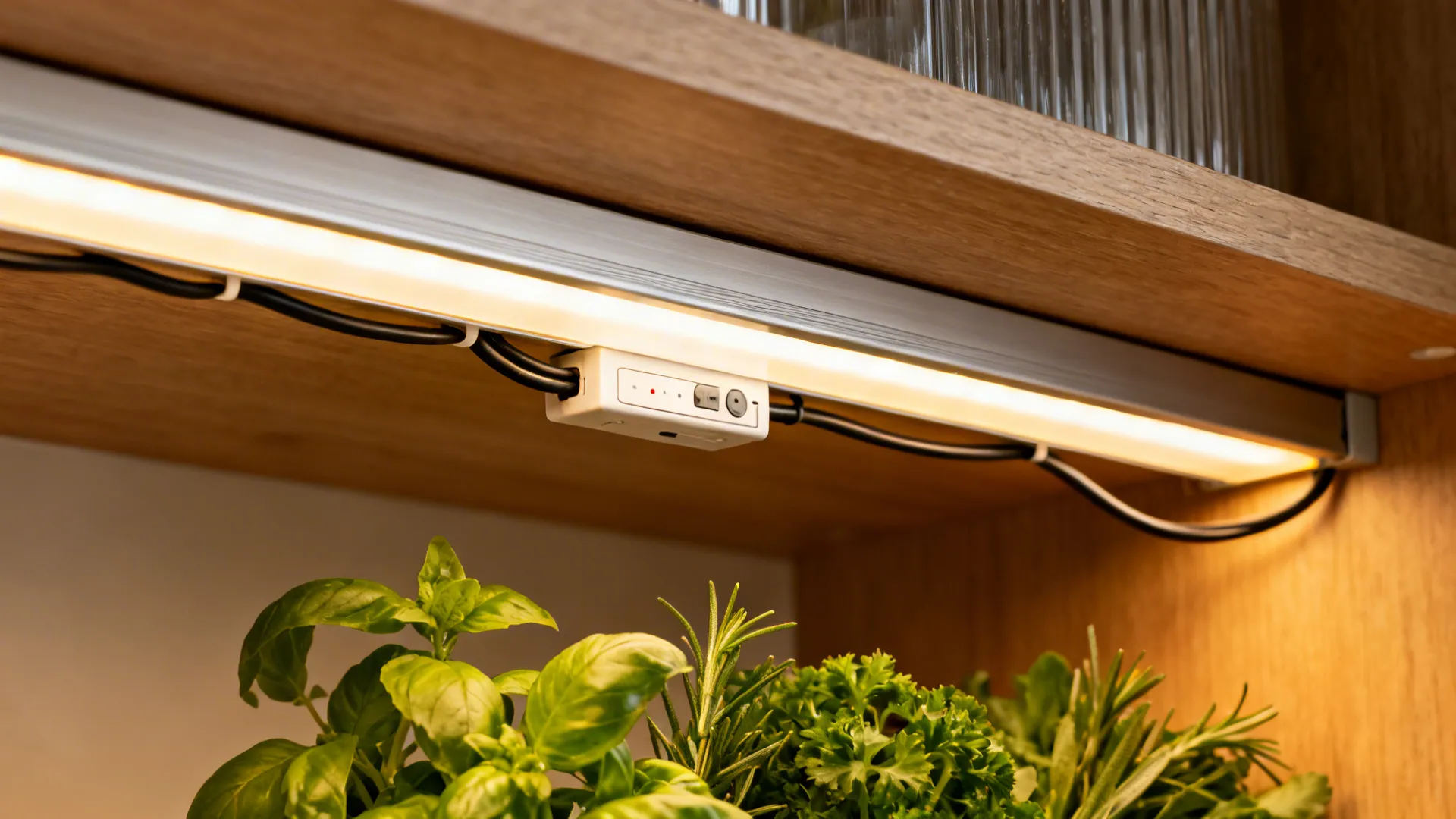 Warm LED light strip installed under a wooden shelf shining on green potted kitchen herbs