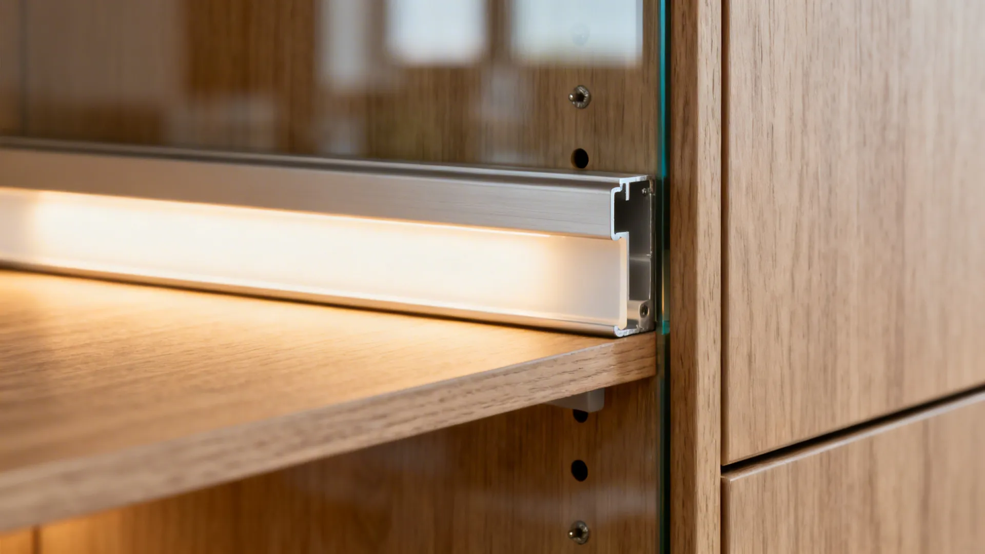 Macro of LED channel with diffuser and 32 mm shelf holes next to a glass back panel.