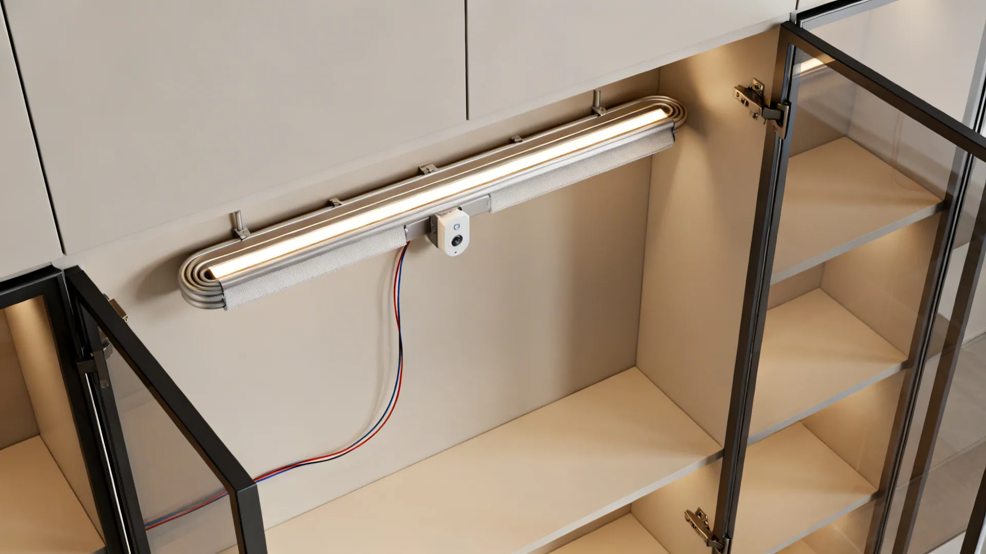 Top-down view of U-channel LED with diffuser inside a glass cabinet.