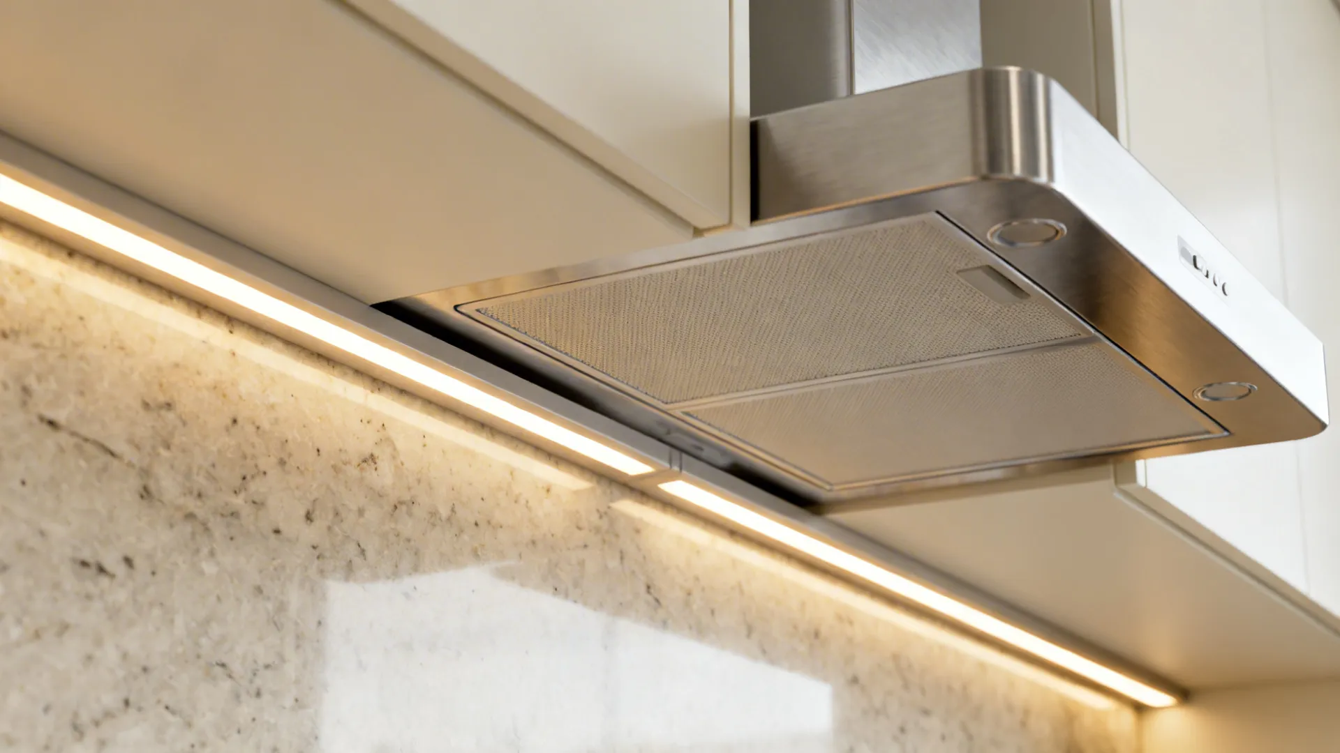 Macro of warm LED strip under cabinet and stainless baffle filter edge showing crisp build quality.
