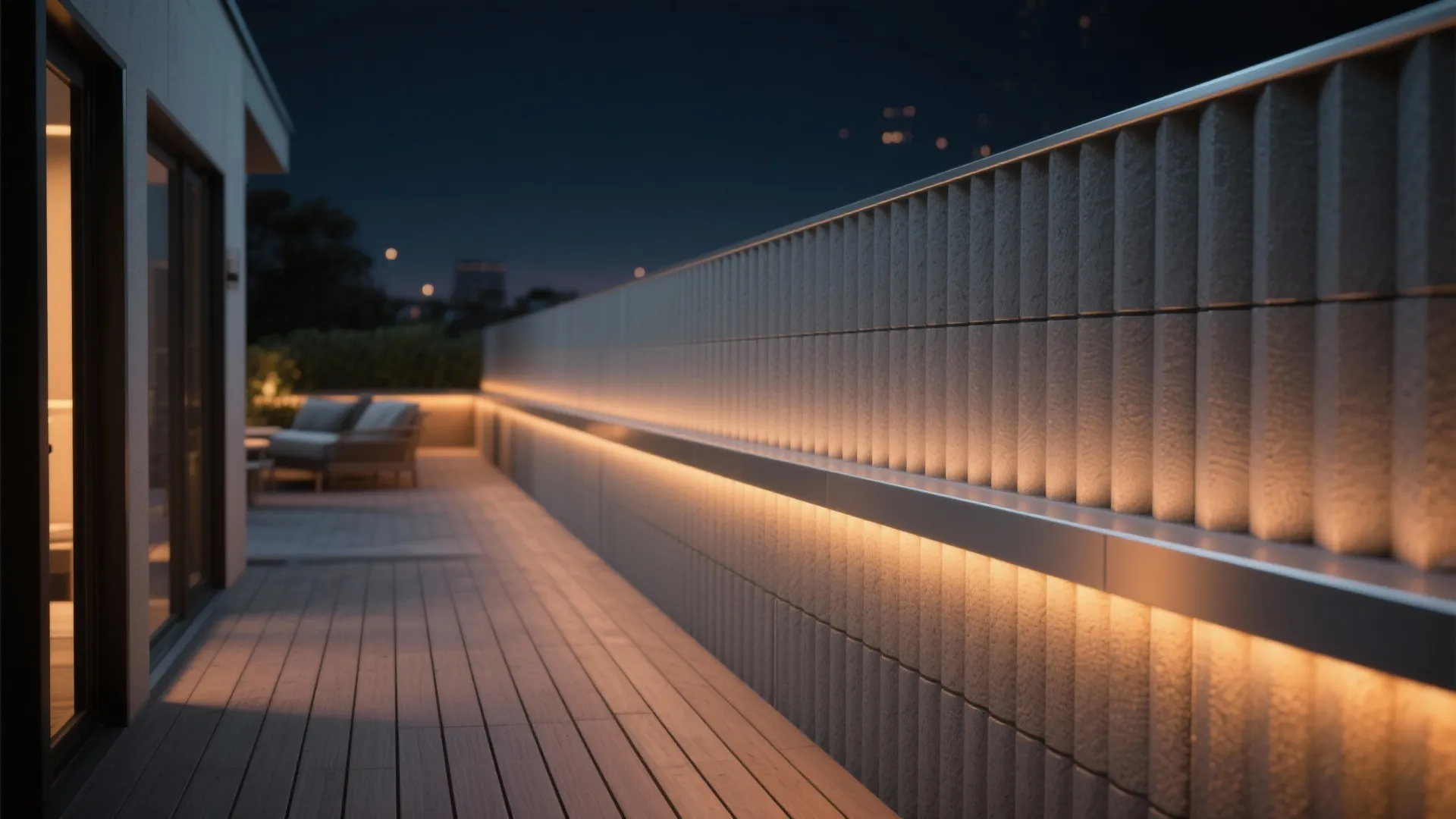 Textured cladding + LED wash for night-time character