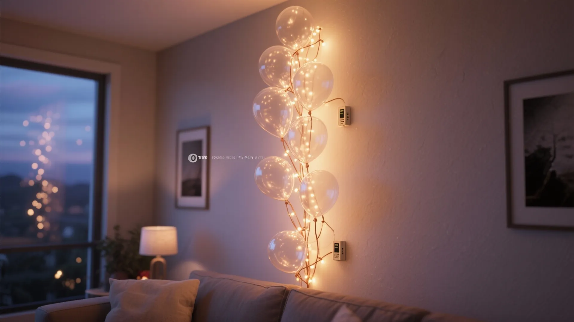 Living room with clear balloons decorated with fairy lights on wall above a grey sofa