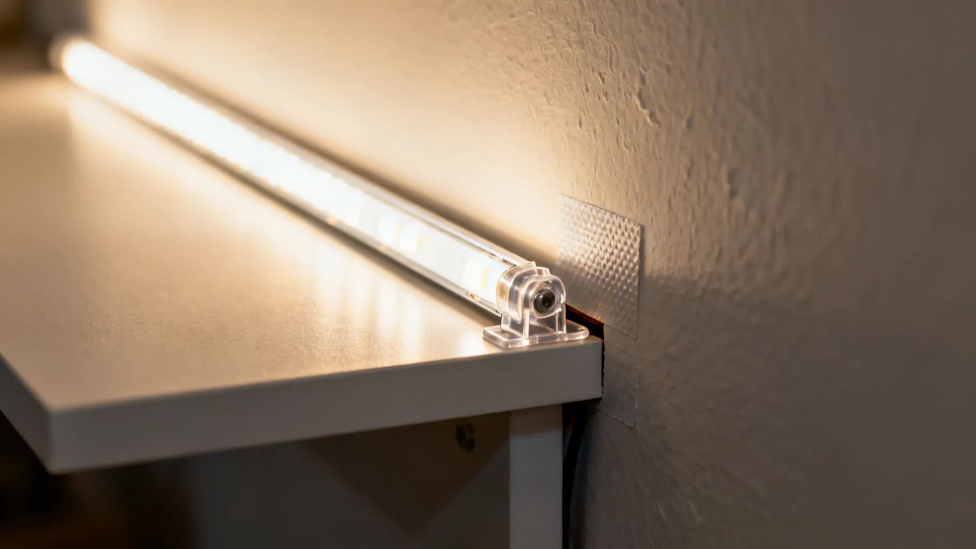 Close-up of LED strip secured with a clear clip behind a shelf, casting a soft warm glow.