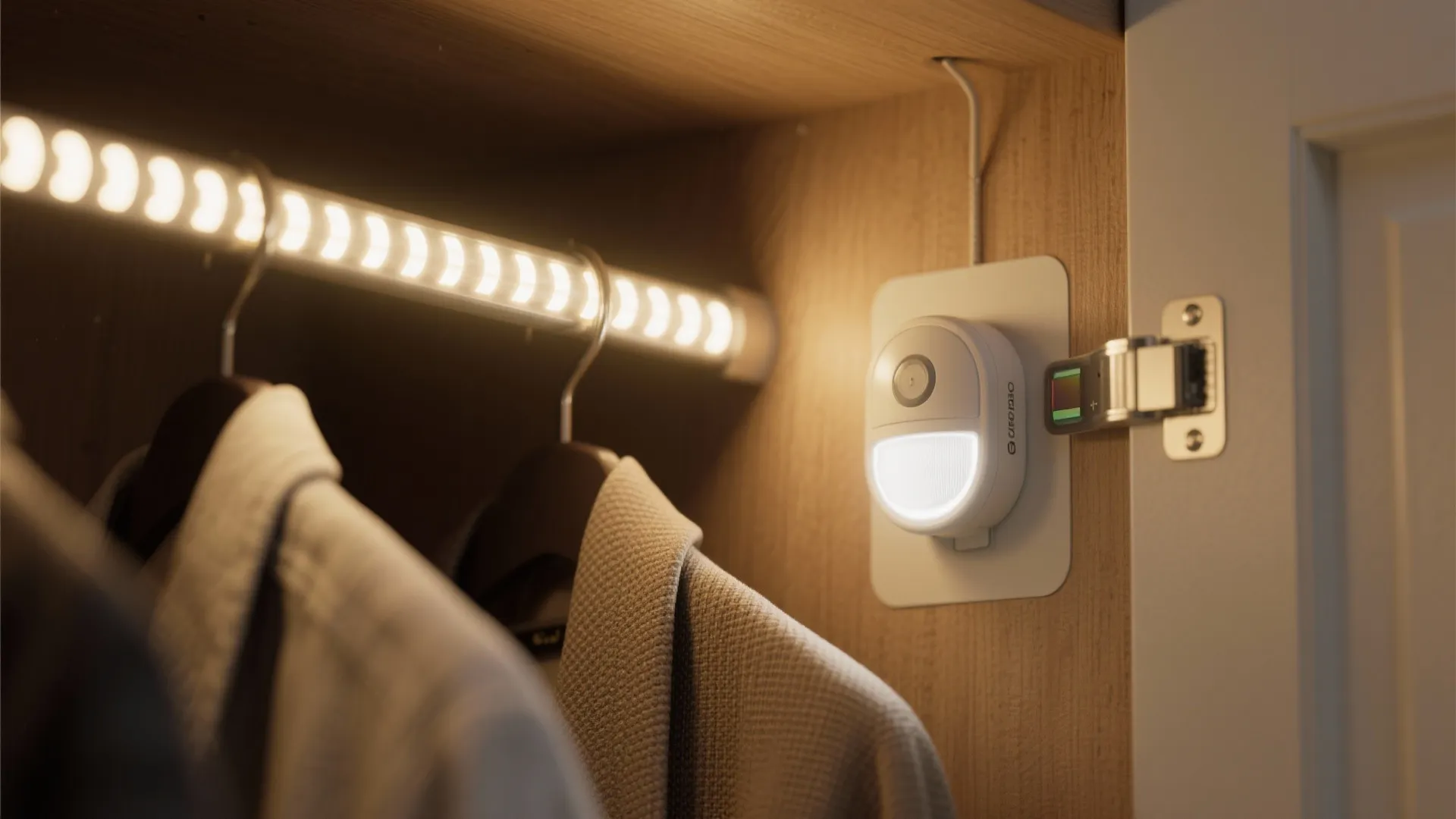 Close up view of a motion sensor light fixture installed inside a wooden closet with clothes