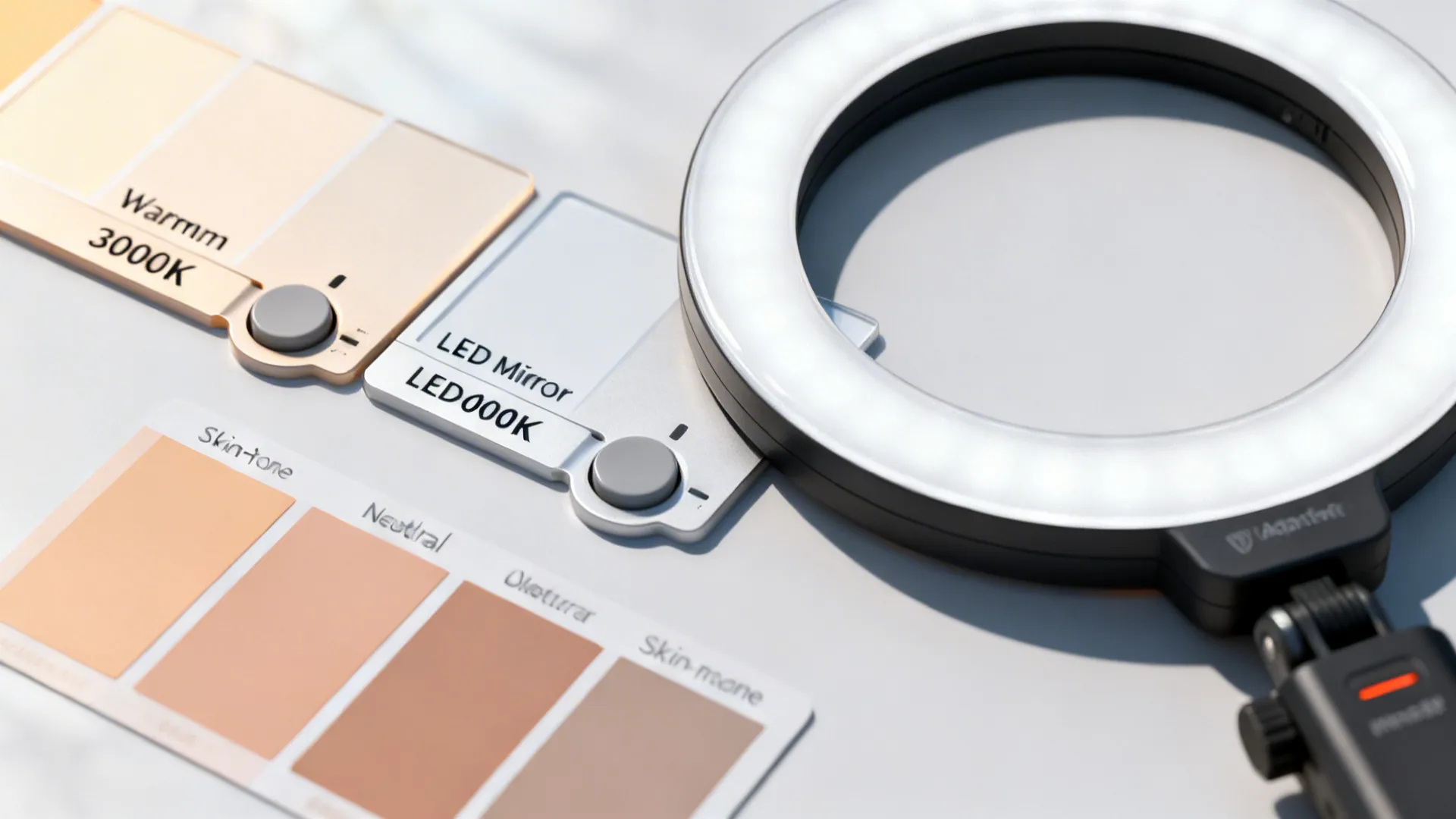 LED color temperature swatches and dimmer control demonstrating warm vs neutral light for makeup.