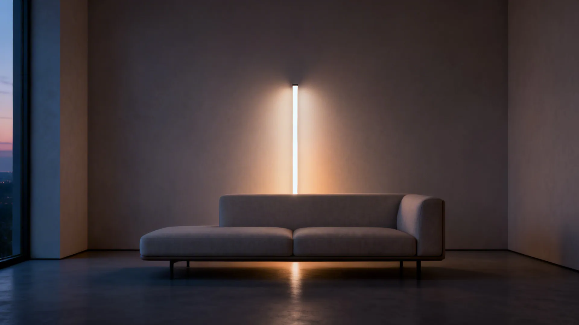 Slim LED column lamp behind a low sofa emitting adjustable warm-to-cool light