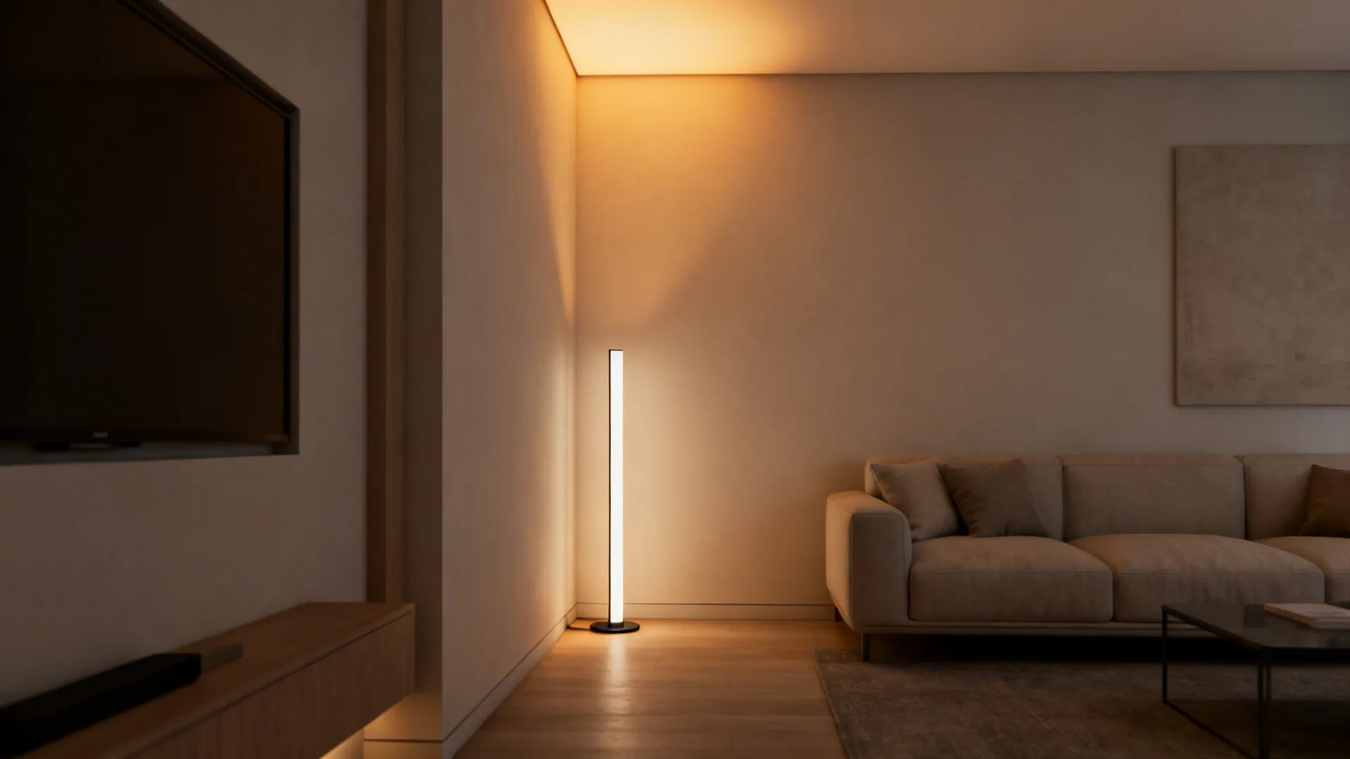 Slim LED column lamp tucked into a corner casting warm uplight and opening the ceiling plane.