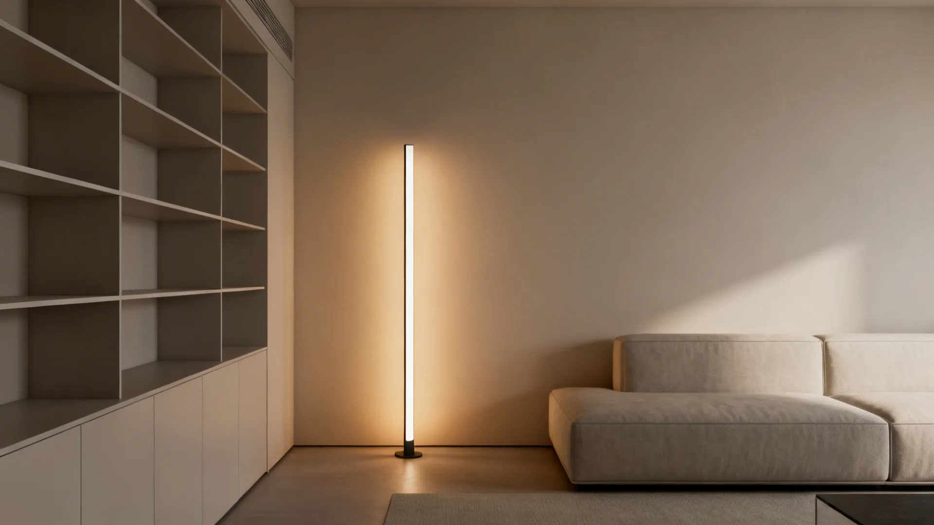 Integrated LED column lamp casting a soft ambient glow in a minimalist living room.