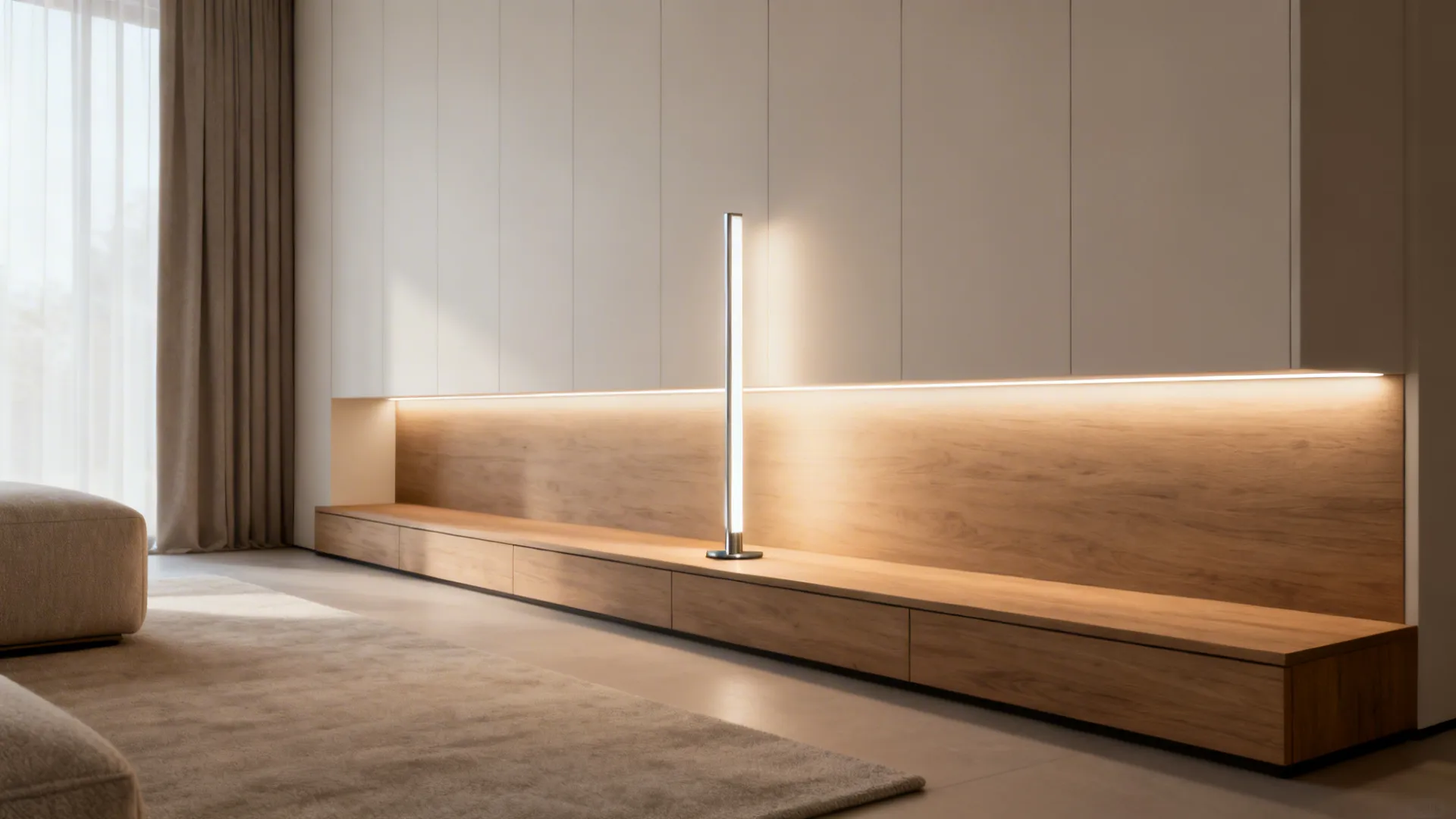 Slim LED column lamp on a narrow console providing even ambient light in a modern space.
