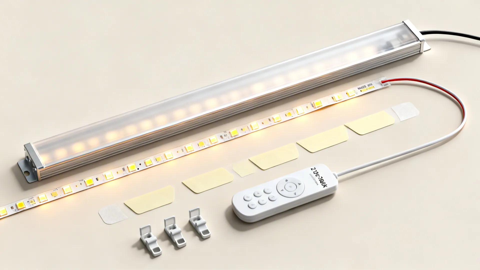 Top-down view of LED strip, frosted channel, adhesive, clips, and dimmer.