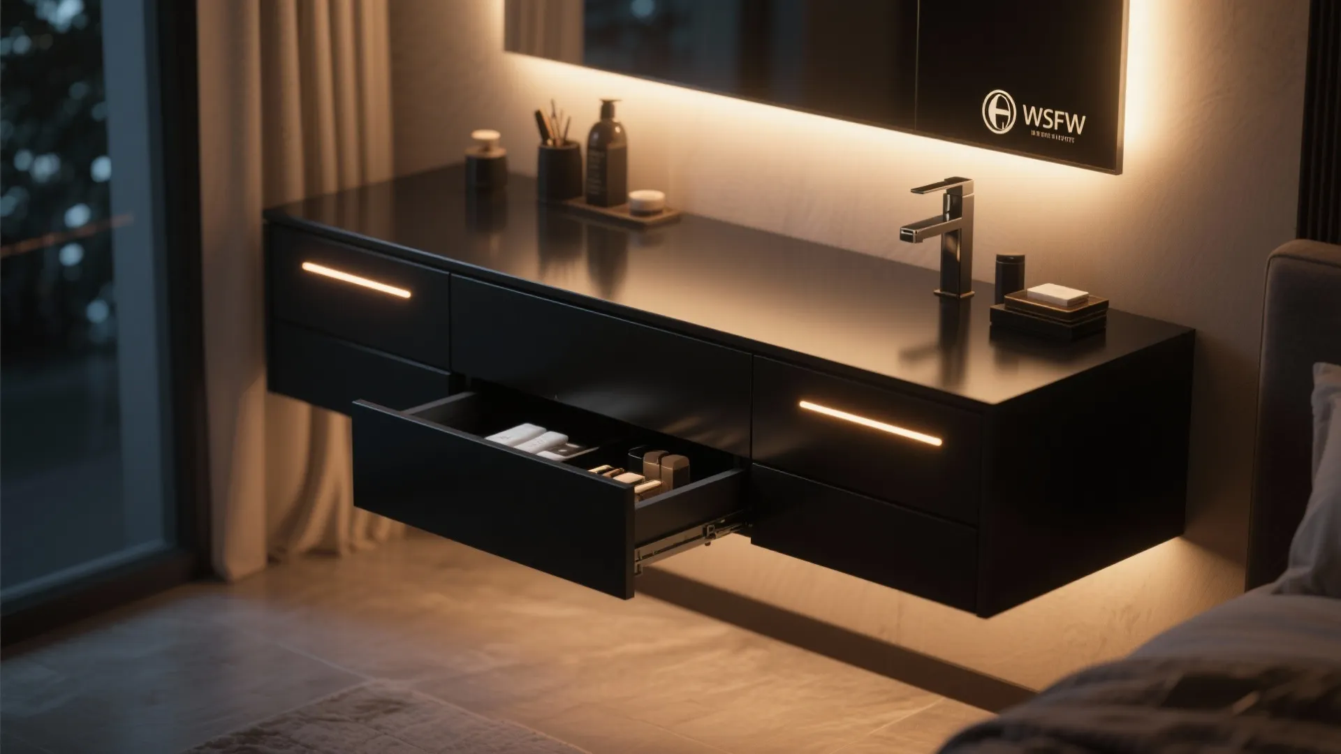 5. Slim black vanity with integrated LED and concealed storage