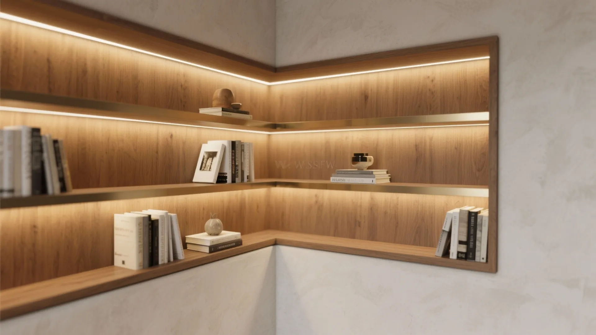 Built in wood wall shelves with warm light fixtures displaying books and small home decorations