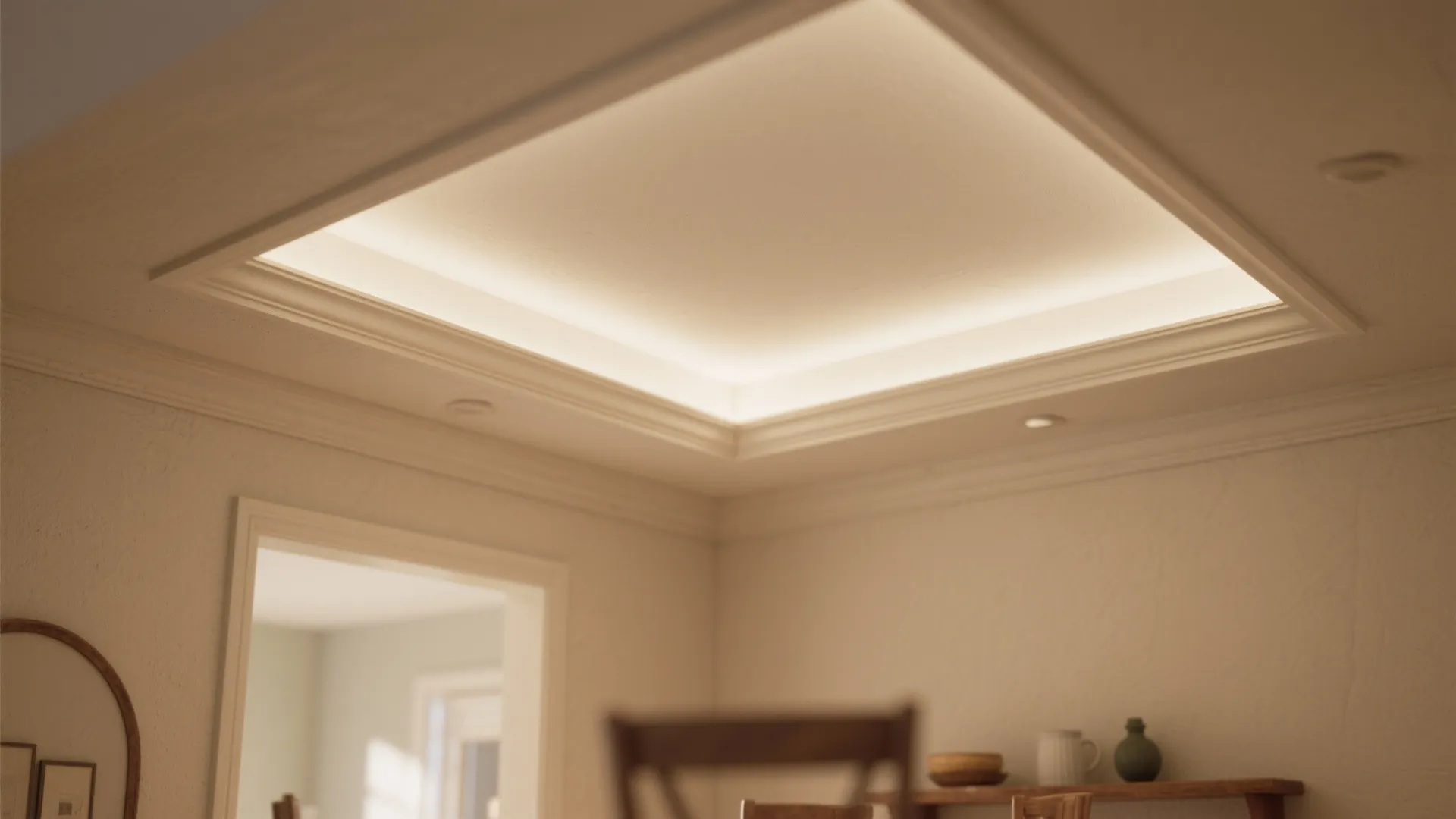 Detail of a square tray ceiling with warm hidden light strips and classic wall panel