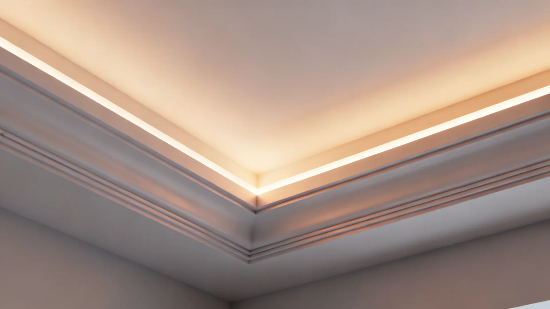 Close-up of LED cove lighting washing the ceiling, showing concealed strip and gypsum ledge detail.