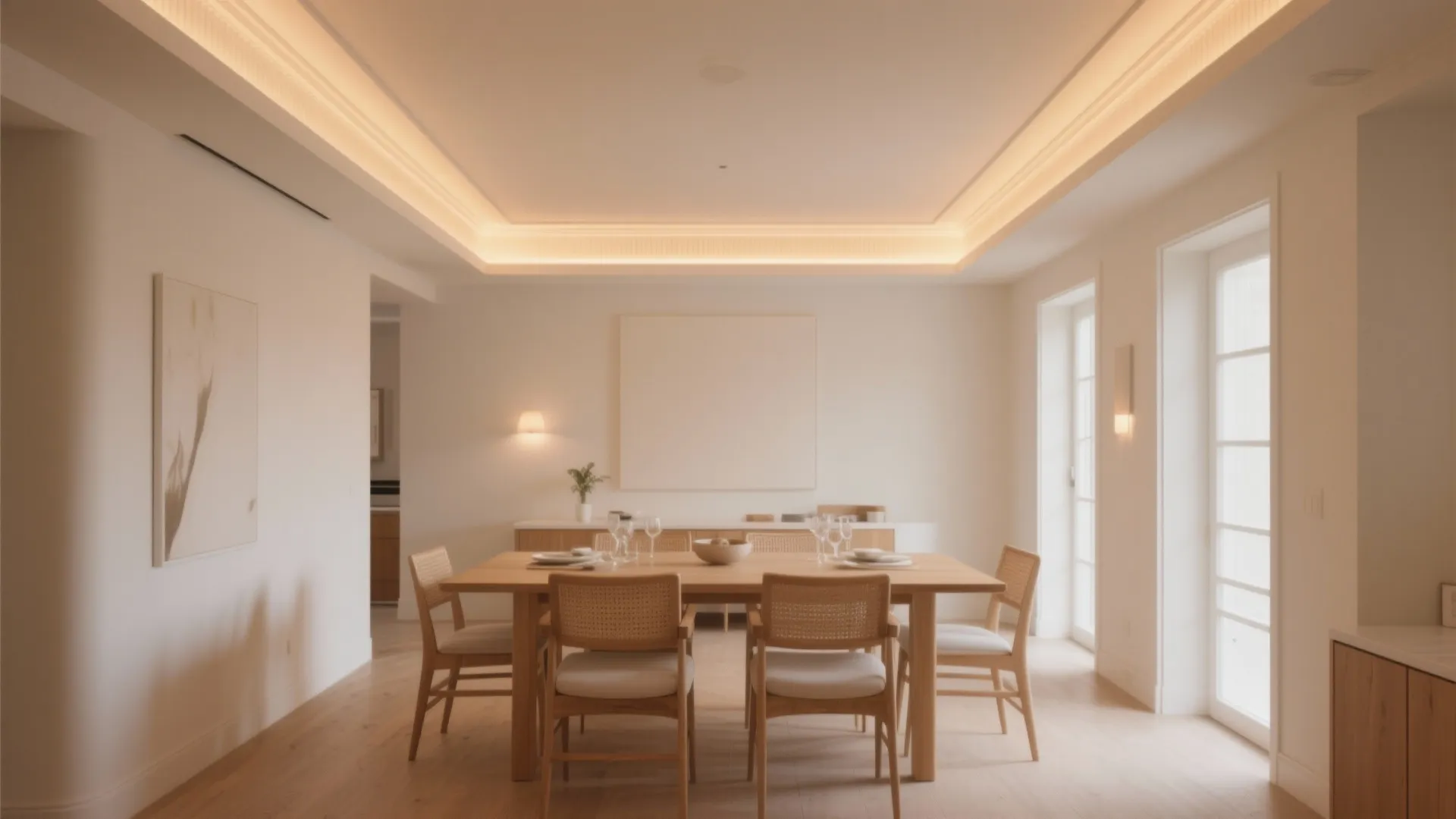 Warm LED cove lighting in low ceiling dining room