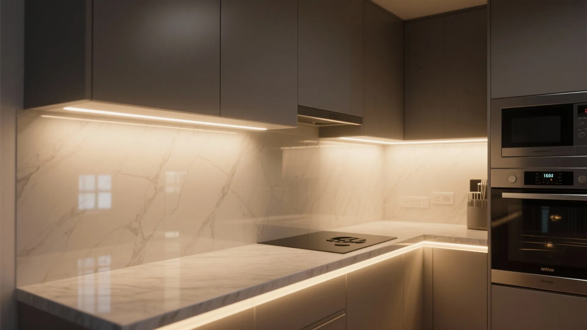 Compact kitchen with LED strips in coves and under cabinets creating a floating counter effect.