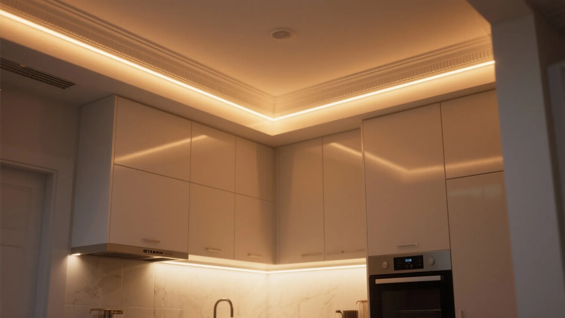 Compact kitchen with warm LED cove lighting above cabinets that visually raises the ceiling.