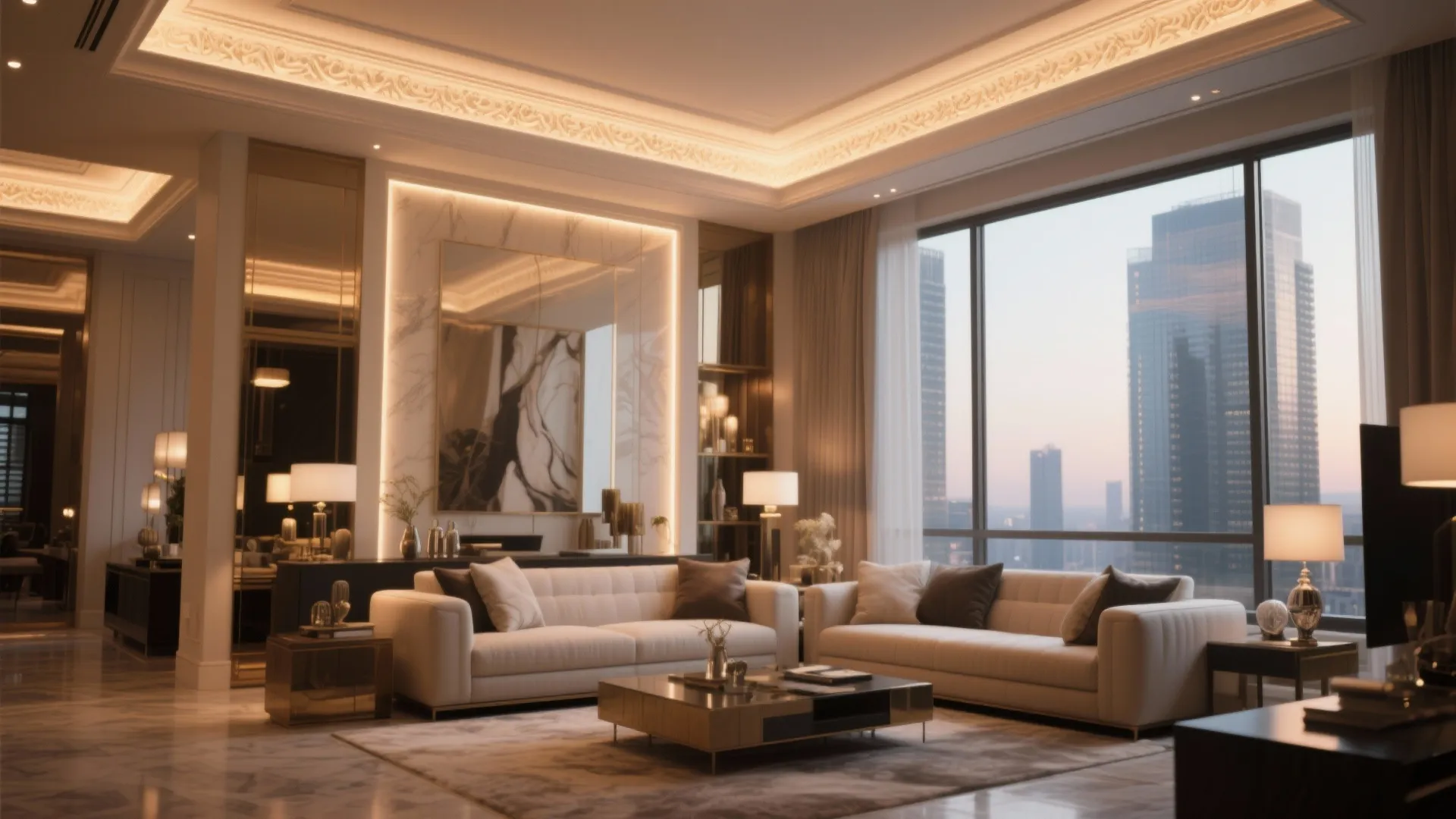 Luxurious living room with warm LED cove lighting