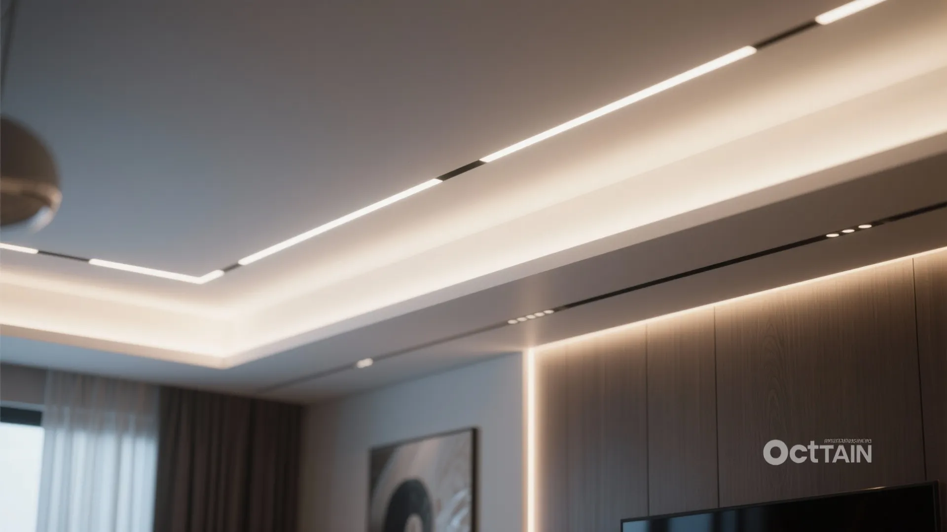 Close up of modern ceiling with warm hidden light strips and dark wood wall panel design