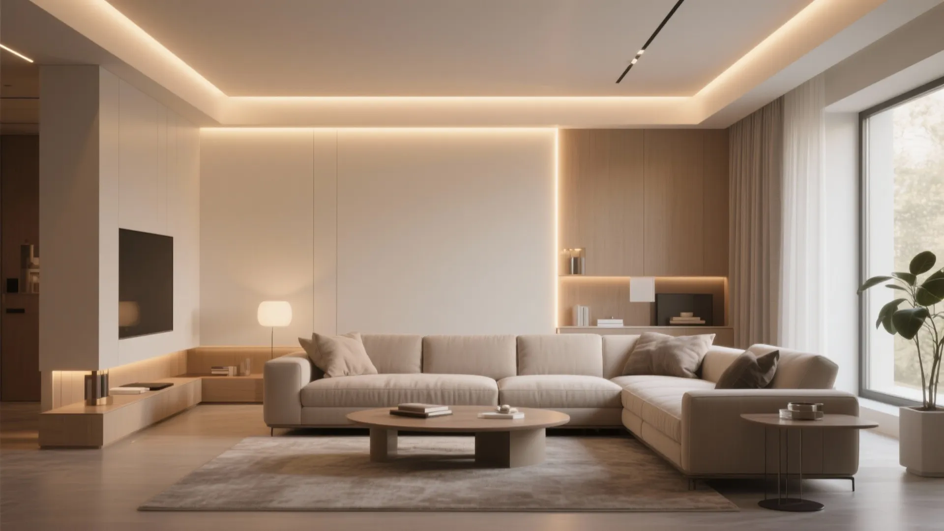 Modern living room with LED cove ceiling lighting