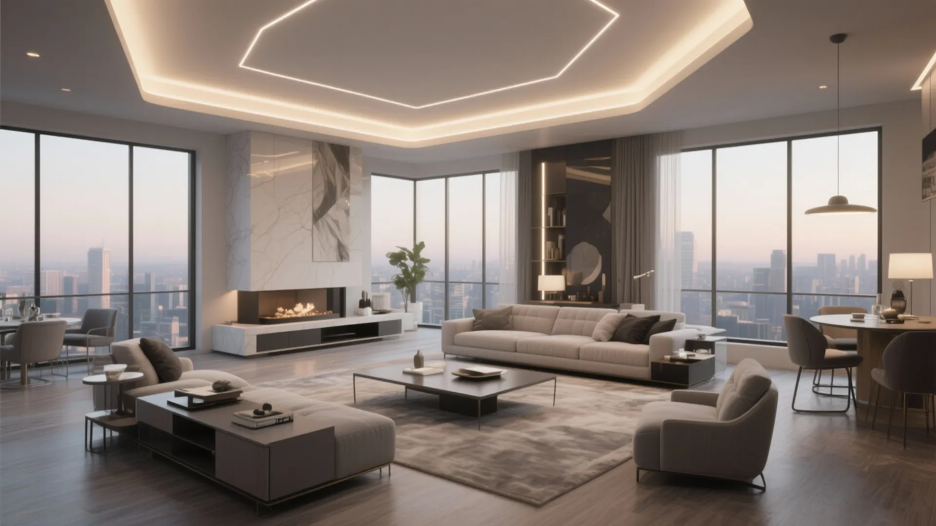 Modern open living room with grey sofa fireplace large windows and bright ceiling light fixture