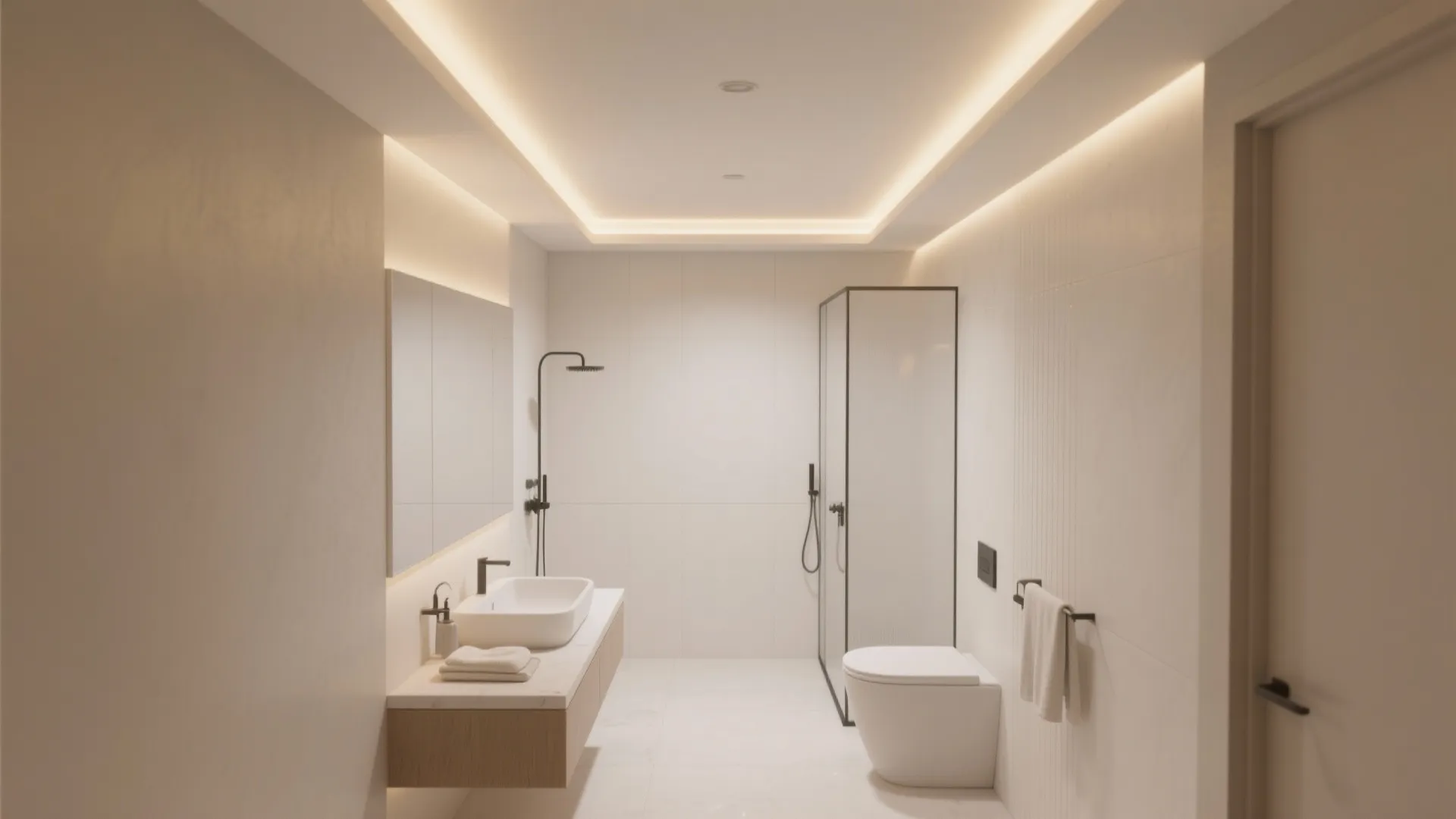 Modern bathroom with white walls a floating wooden cabinet white sink and warm ceiling light