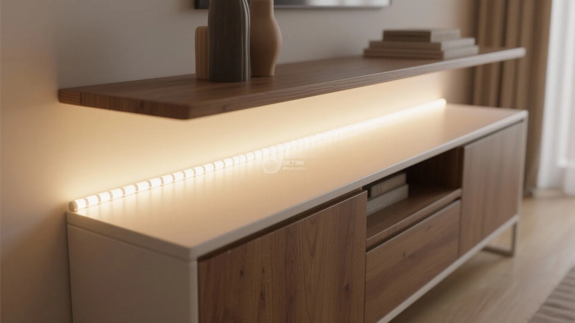 Warm LED strip hidden under a floating sideboard creating soft even cove lighting with no hotspots.