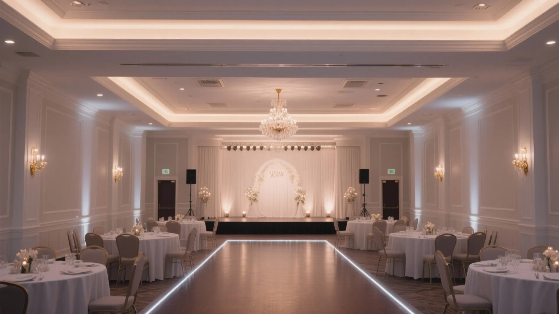 Two-step LED cove lighting with warm 2700K glow and cool 4000K stage accents in a wedding hall.