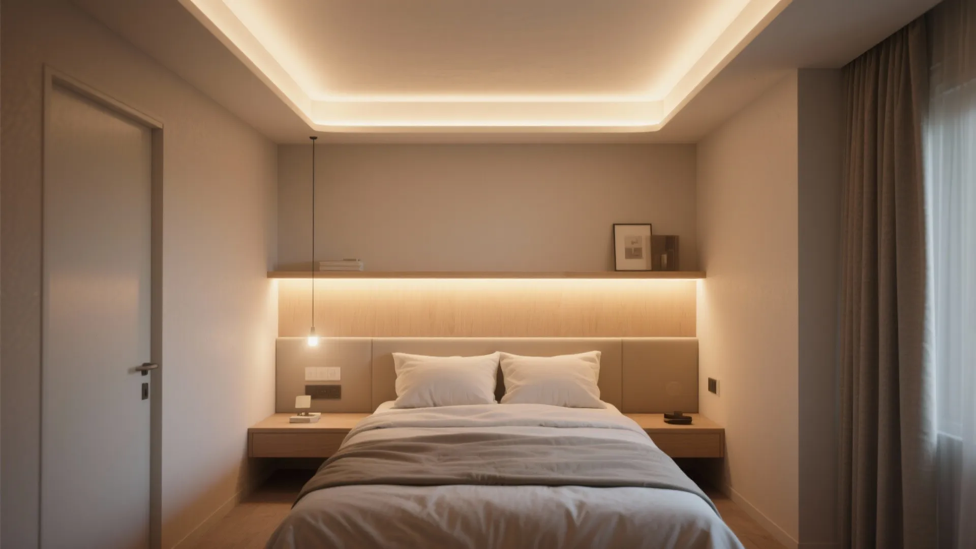 Studio bedroom with LED cove lighting creating a soft upward glow and cozy bed area