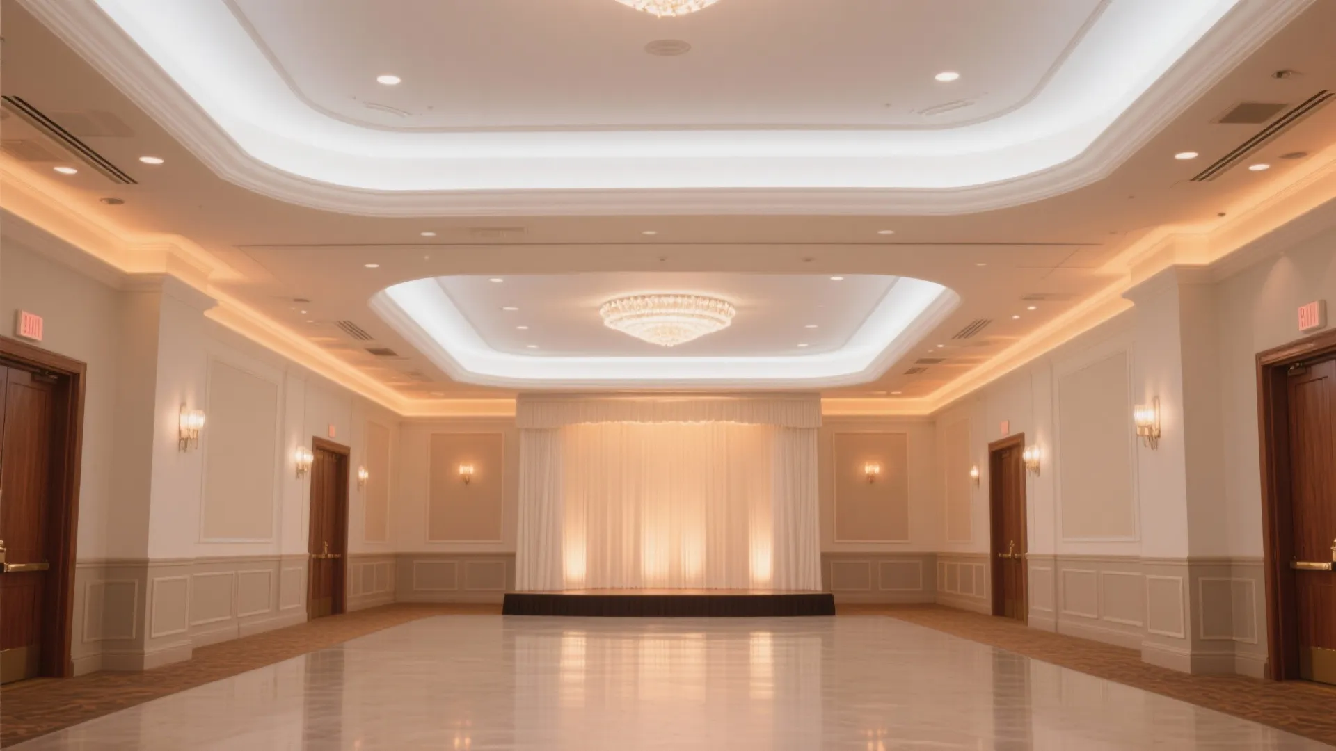 Empty classic ballroom featuring a white stage curtain tiered ceiling light and polished marble floor