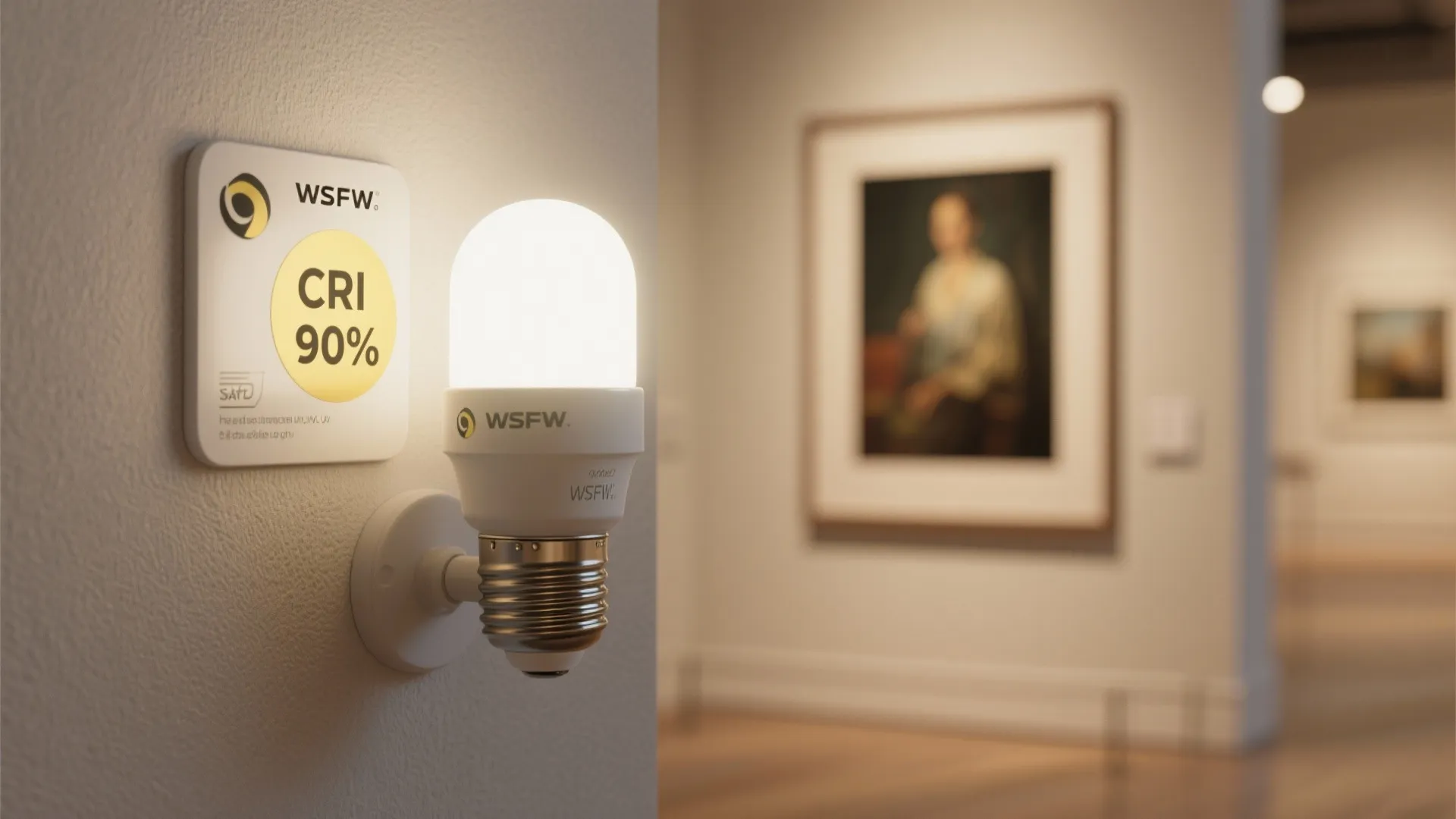 LED bulb with CRI 90+ label next to artwork, illustrating safe lighting for long-term color accuracy.