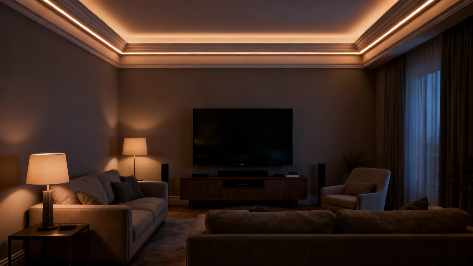 Media room with deep crown molding hiding warm LED uplighting that softens the ceiling and reduces glare.