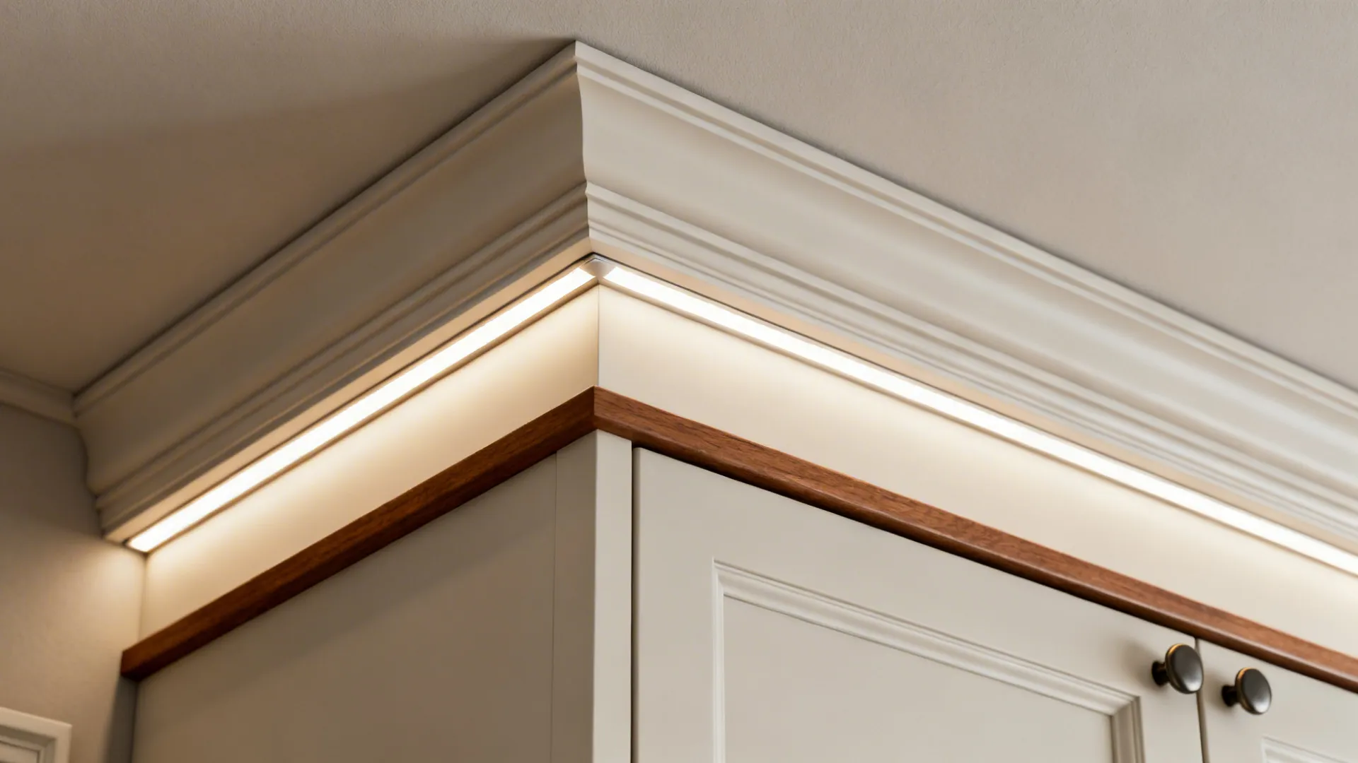 Crown moulding with concealed LED strip and painted MDF cabinet face detail.