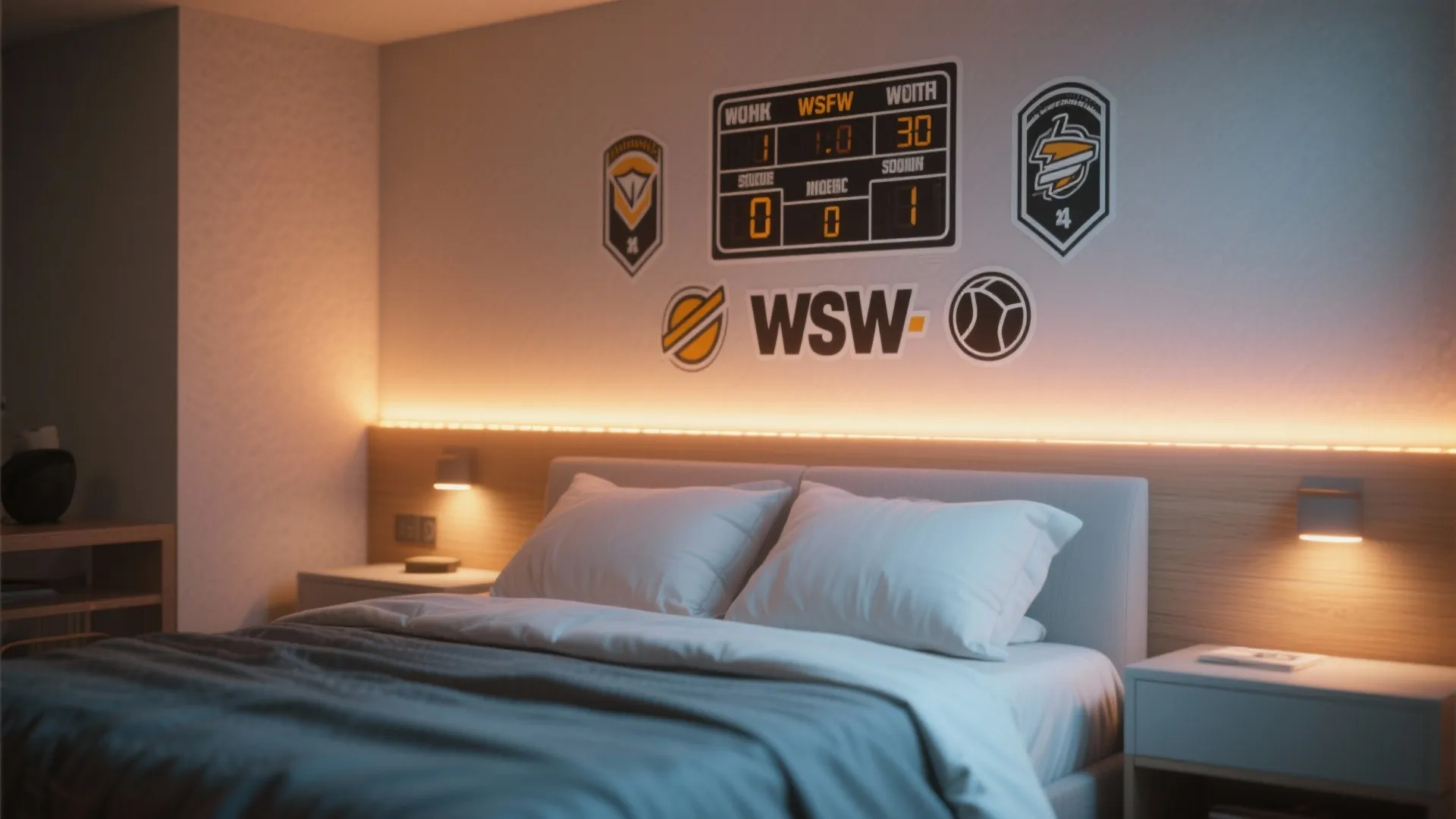 Modern bedroom with warm led light strip above bed and sports themed stickers on wall