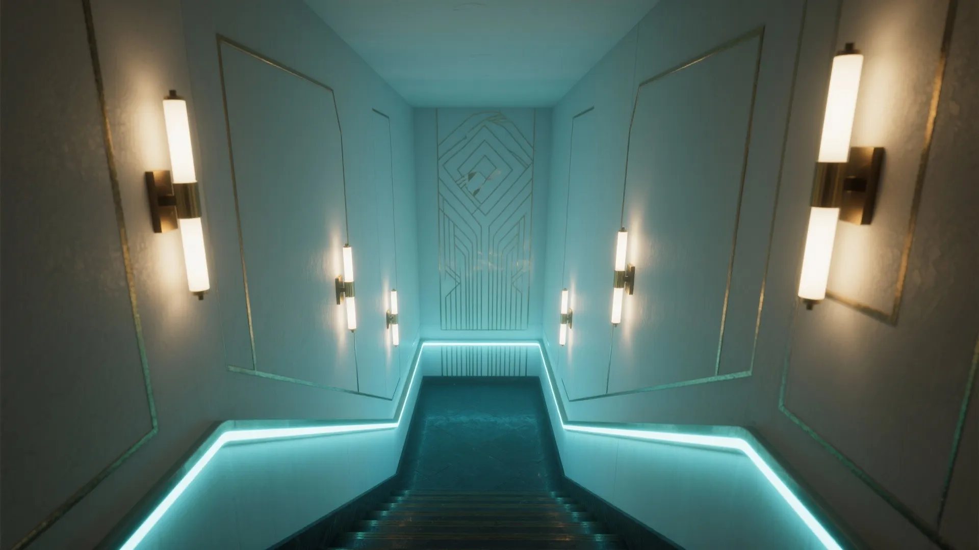 Modern staircase with white walls gold panel lines blue light strips and multiple wall lights