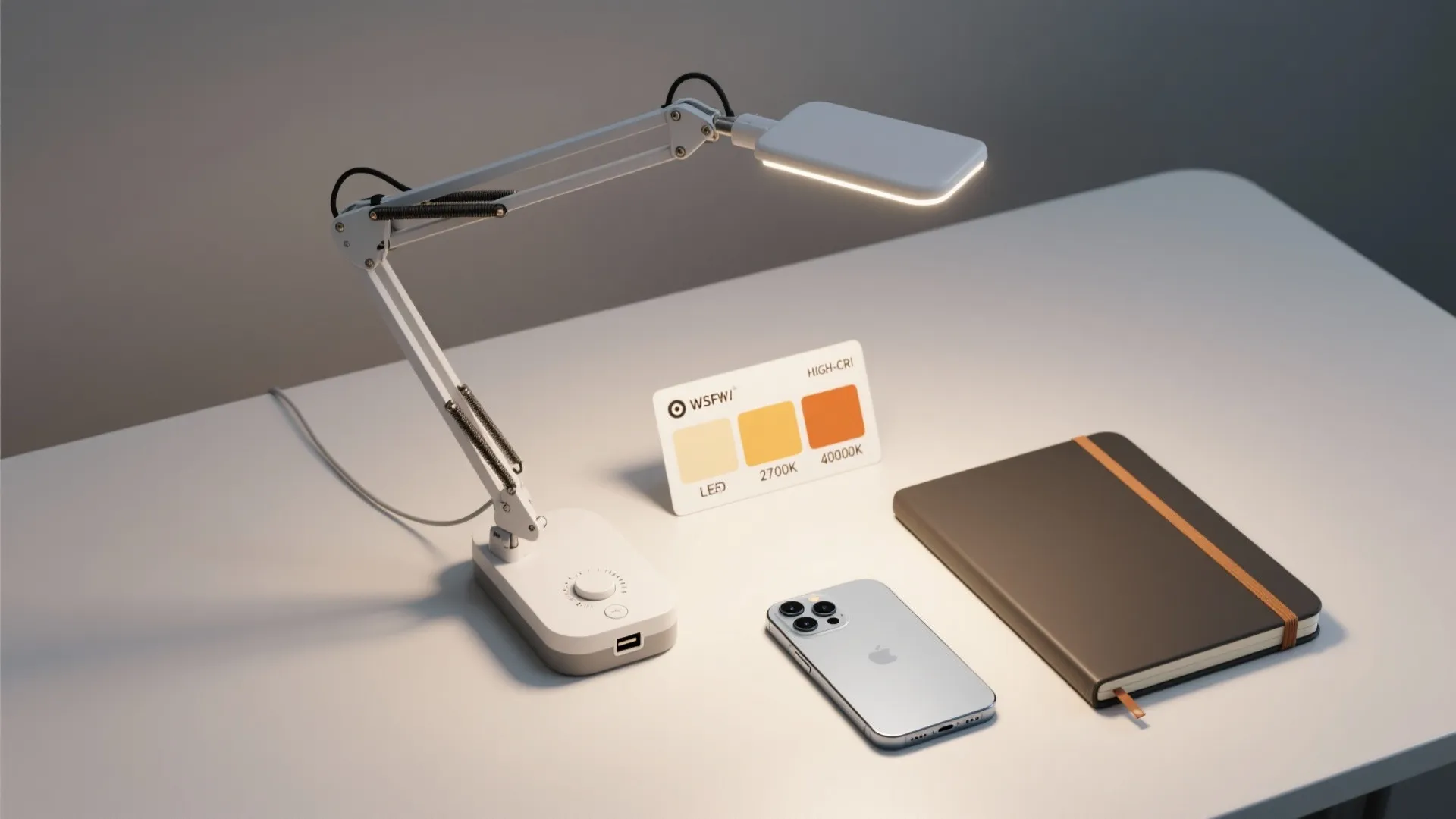 Modern white LED desk lamp with phone and notebook on a clean white office desk