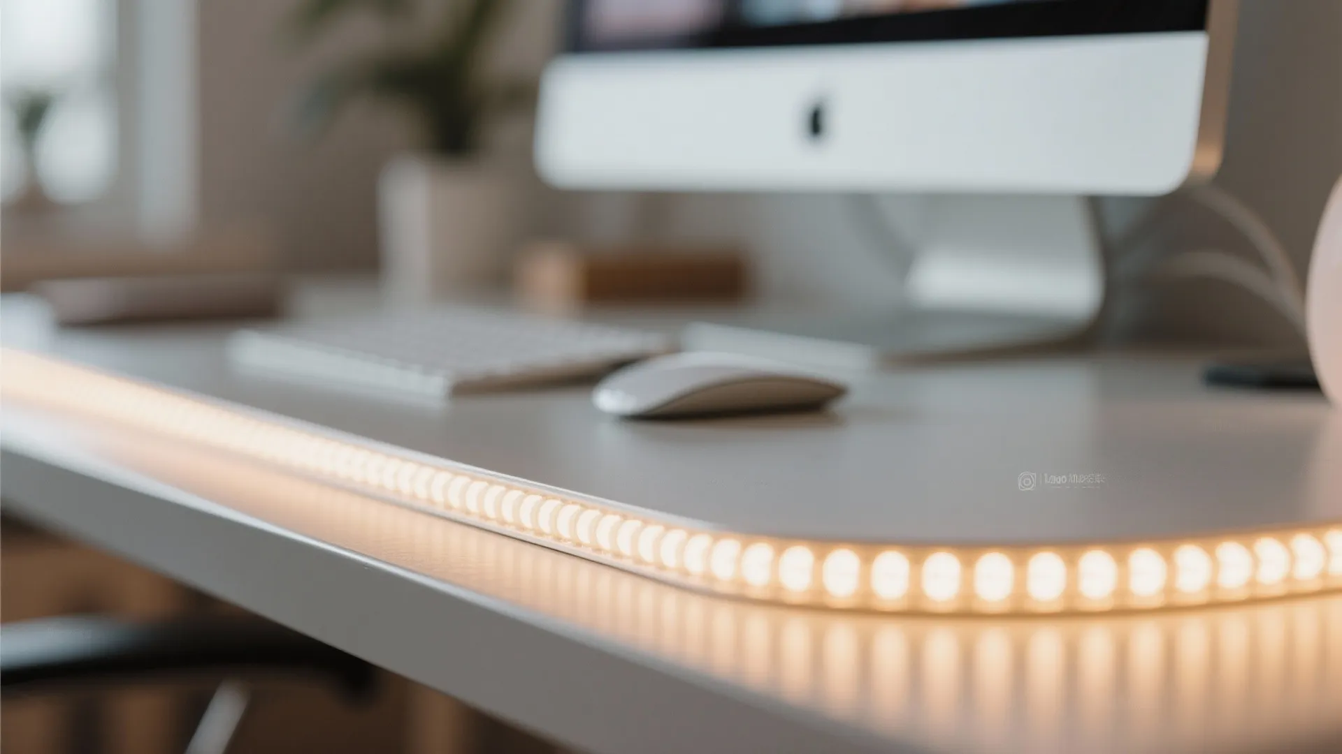 White desk edge with glowing warm led light strip near computer monitor keyboard and white mouse