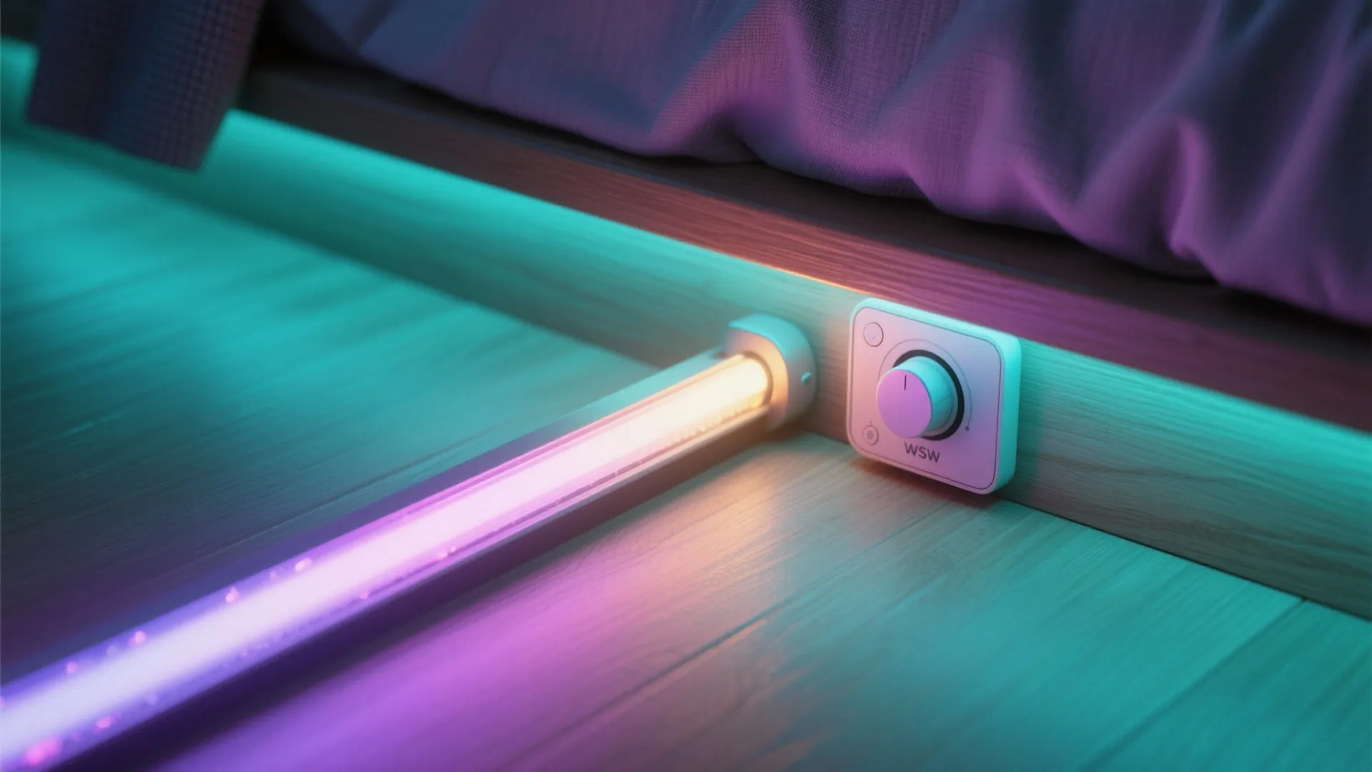 Colorful LED light tube installed under a wooden bed frame with a white control switch