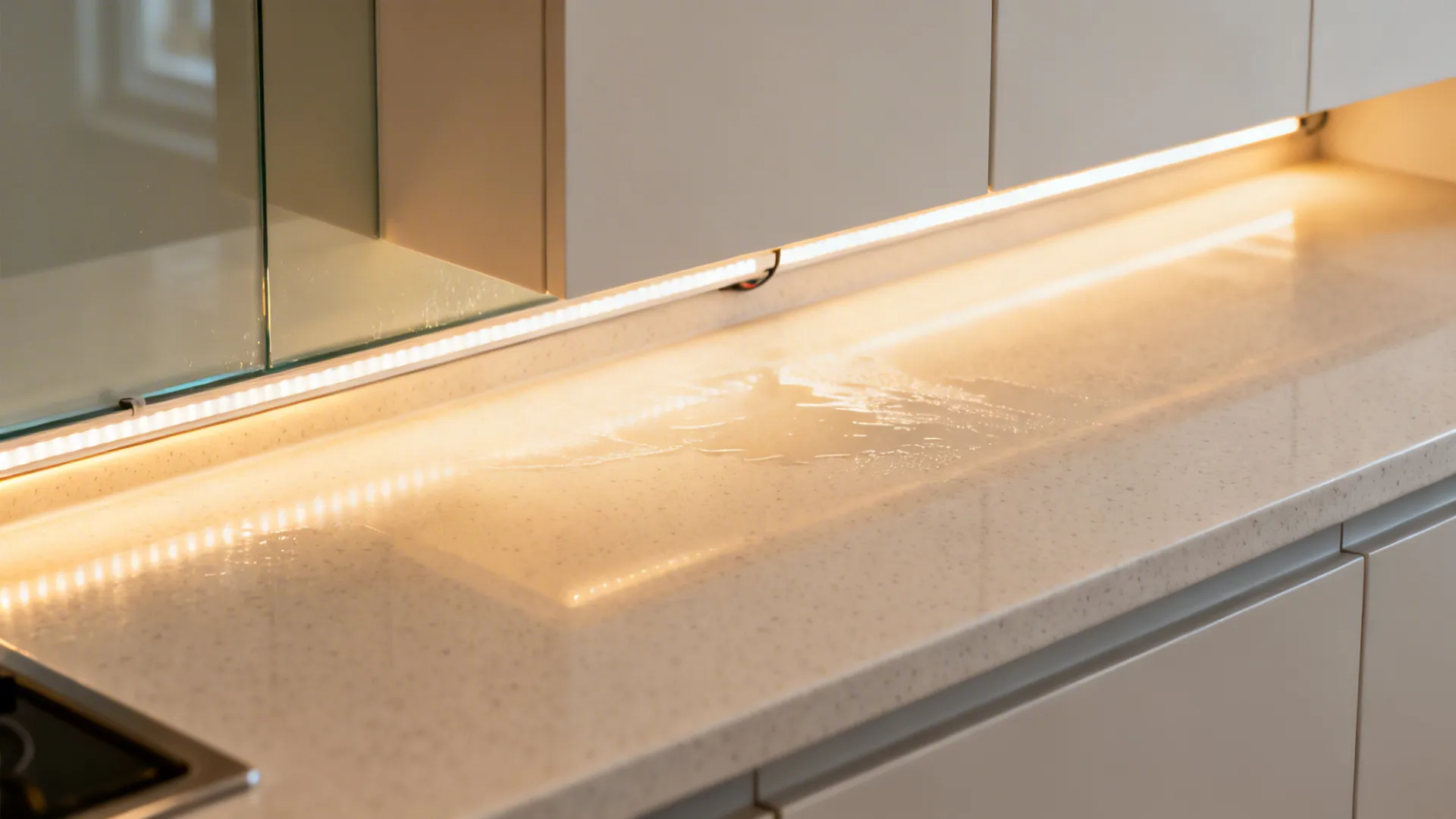 Macro of high-CRI LED under-cabinet light illuminating glass backsplash and quartz countertop.