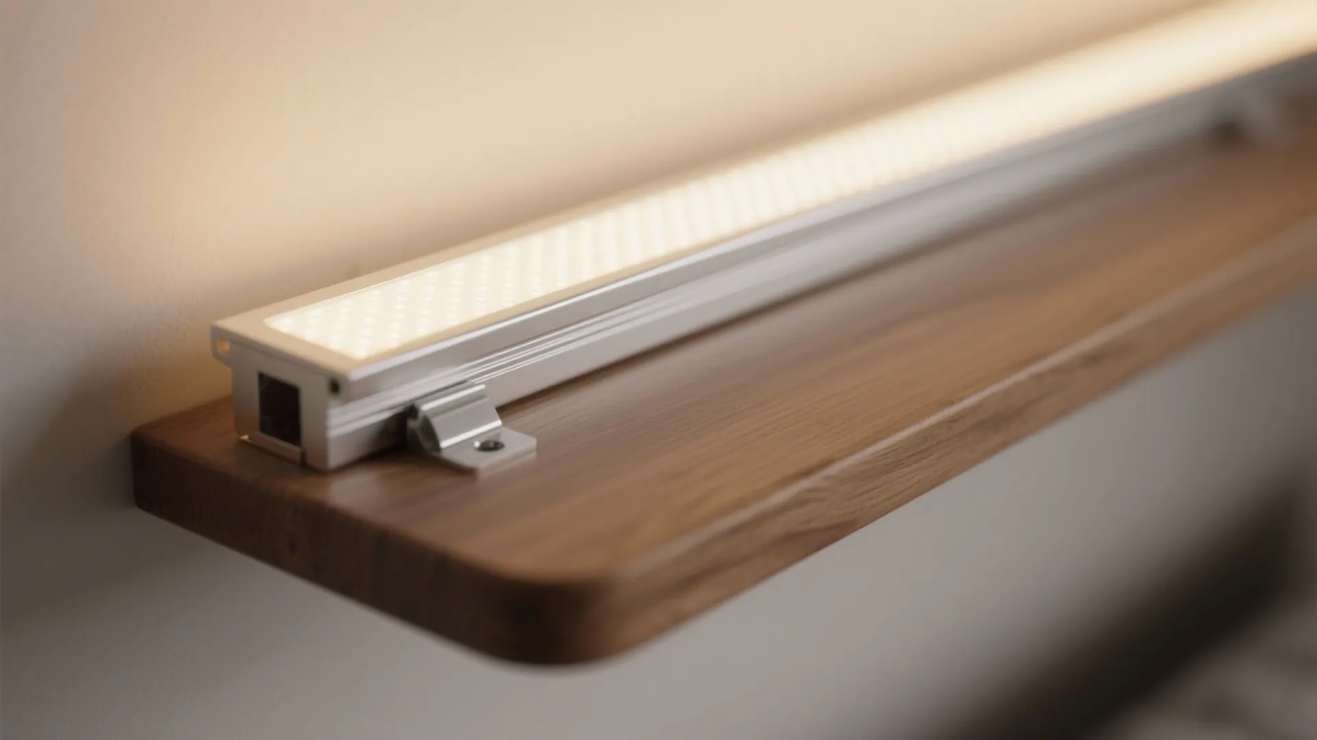 Macro of LED channel and diffuser beneath an oak shelf showing smooth warm glow and clean installation.