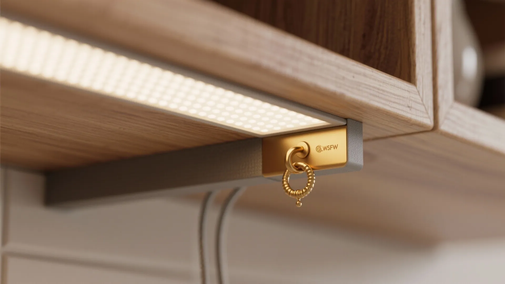 Close up of a warm led light strip installed under a wooden cabinet with gold hardware