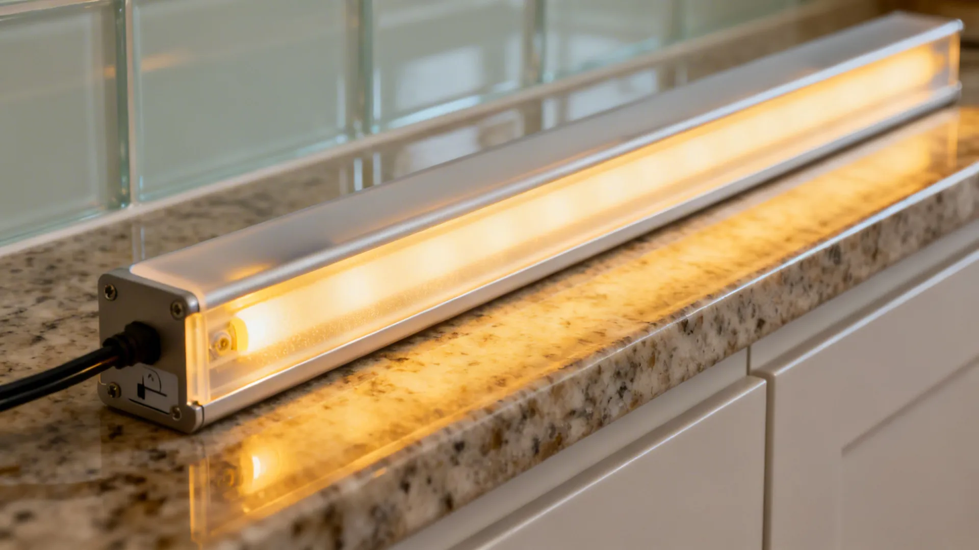 Macro of LED strip in a frosted diffuser channel under a cabinet casting a warm 3000K glow.
