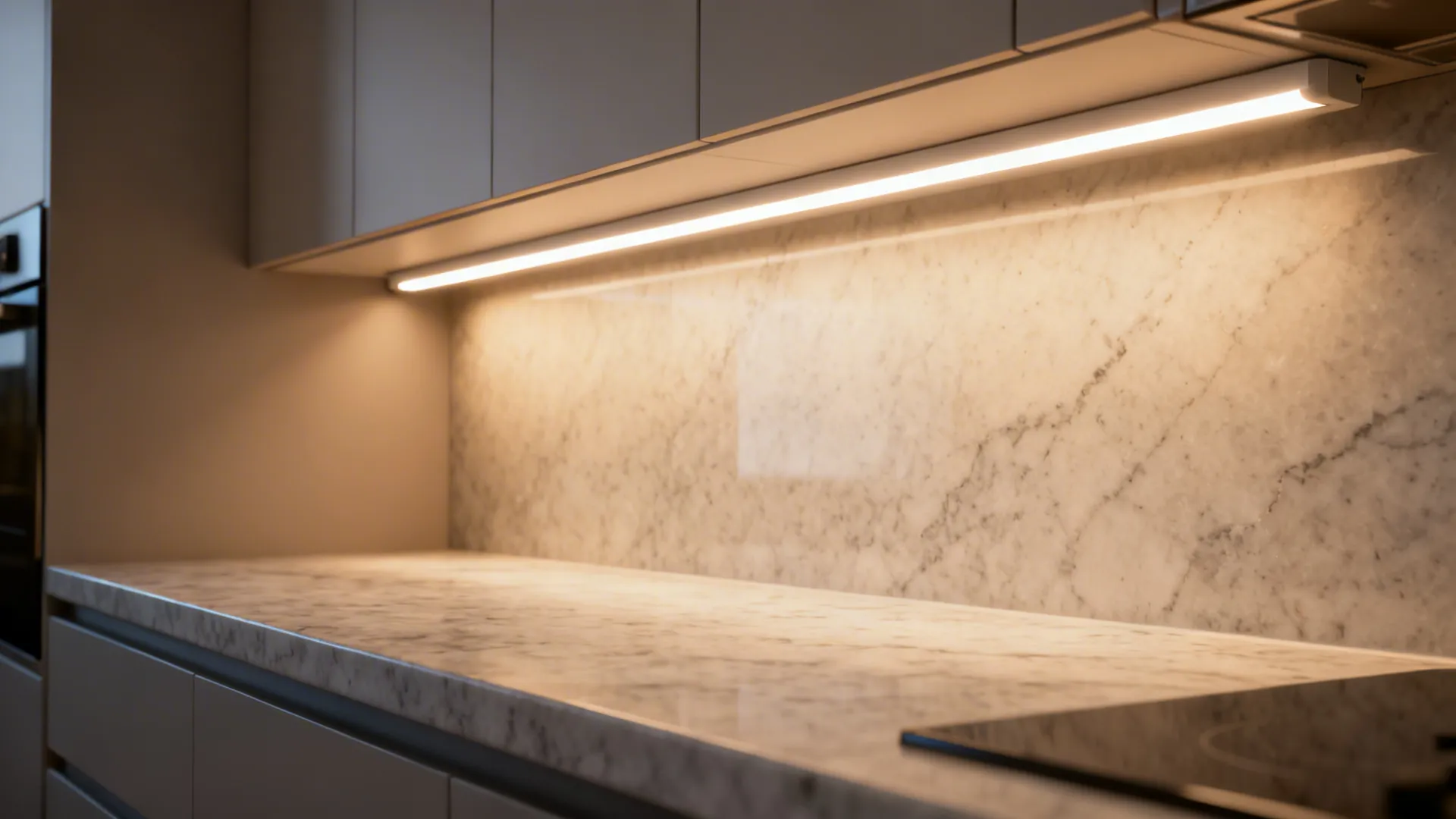 Macro of a diffused under-cabinet LED casting even warm light on a light quartz counter.
