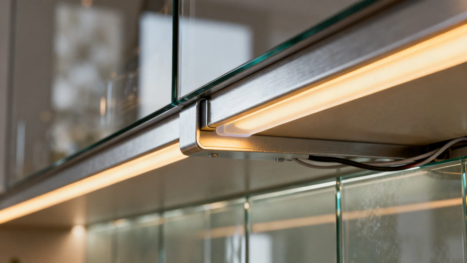 Close up of warm light strip fixed under a shelf with a silver metal bracket